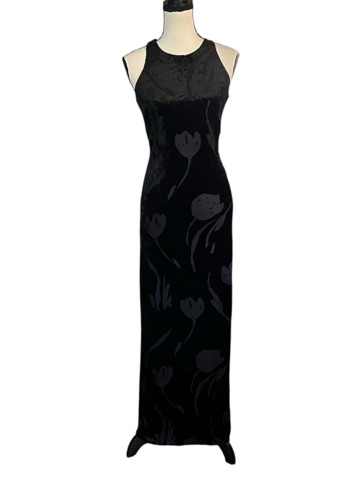 Vintage 90s Laundry Shelli Segal Velvet Sheer Mesh Tulip Floral Maxi Slip Dress