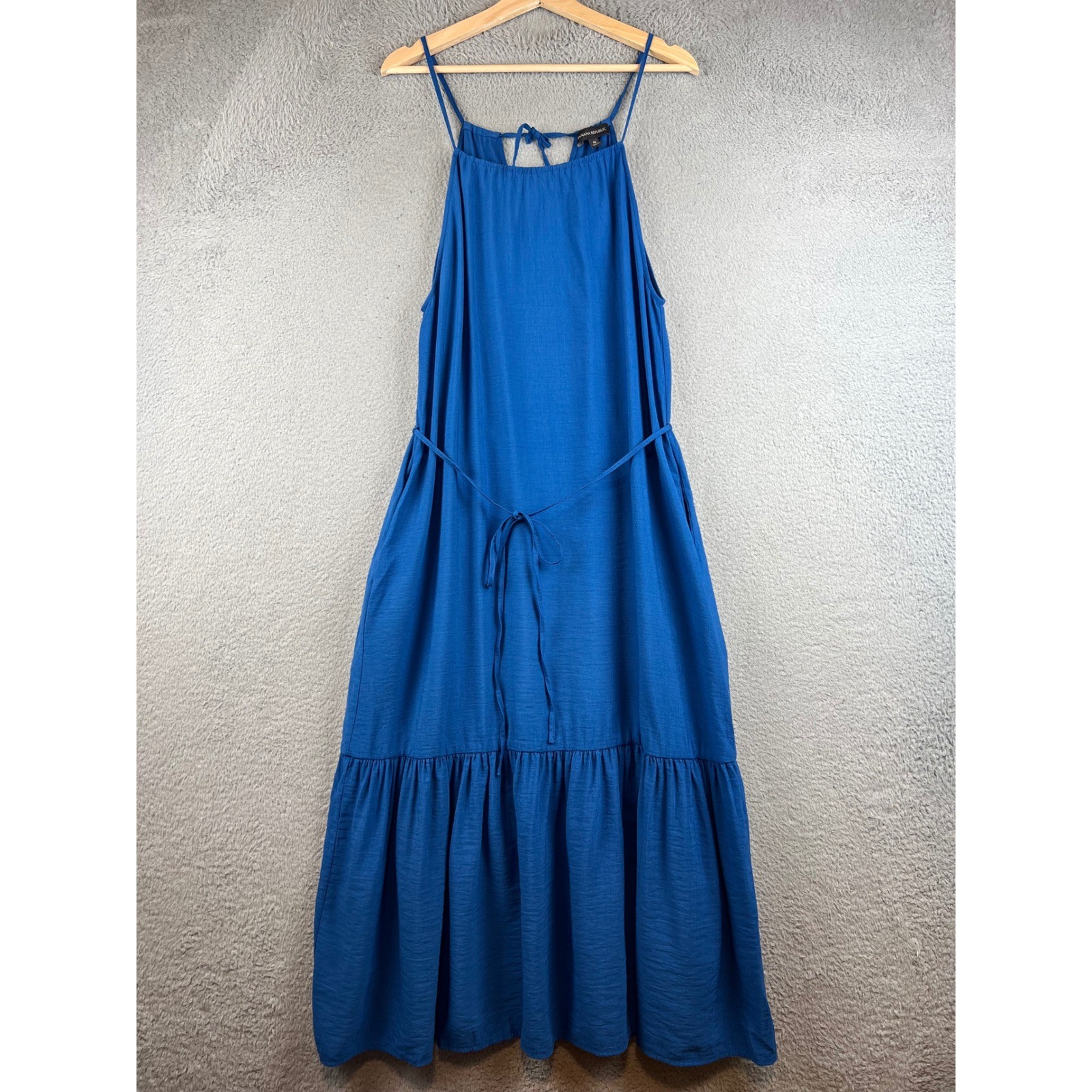 Banana Republic Blue Halter Maxi Dress Tiered Ruffle Hem Tie Back Pockets M