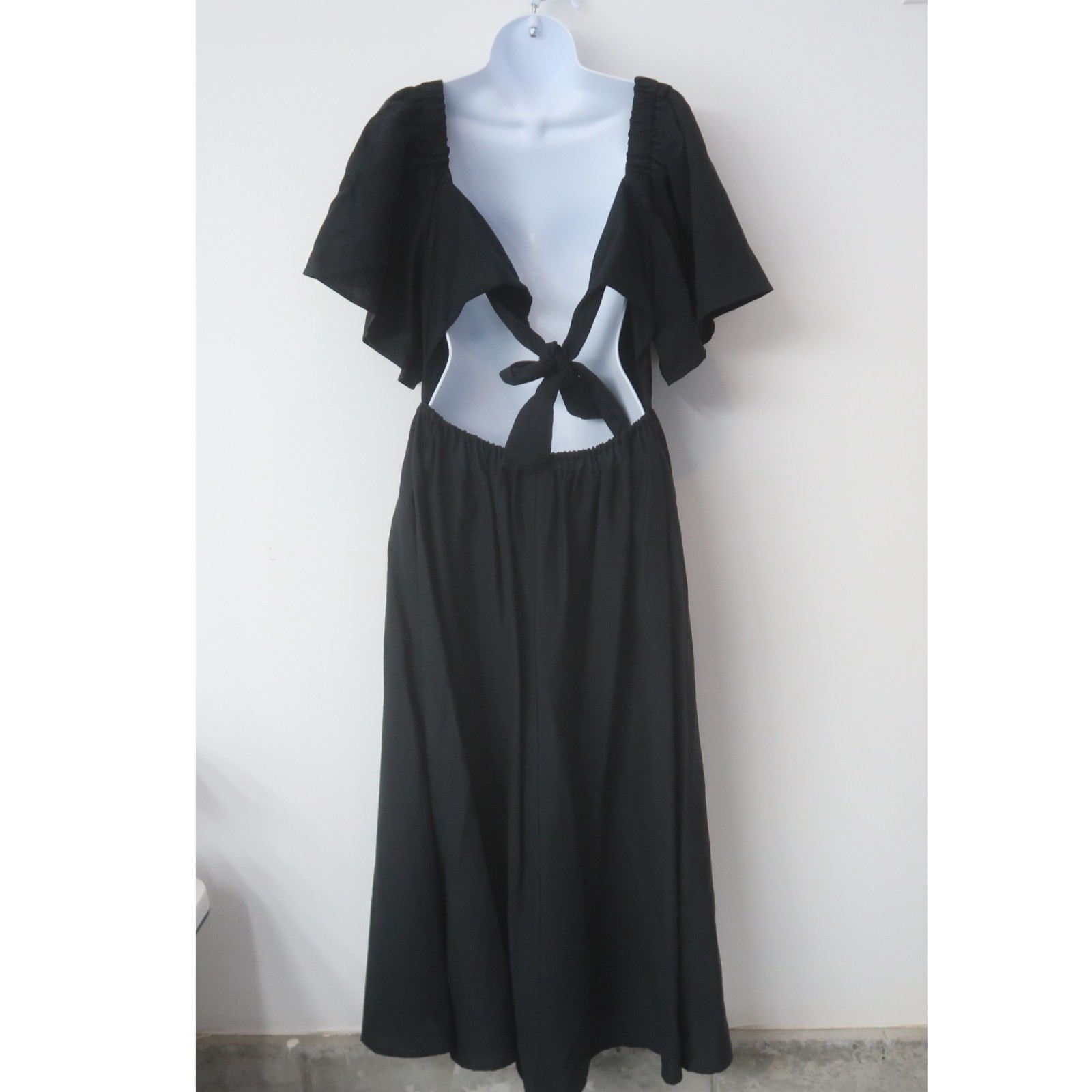 A New Day Midi Dress Size Medium Black Square Neck Puff Sleeve Boho Opem Back