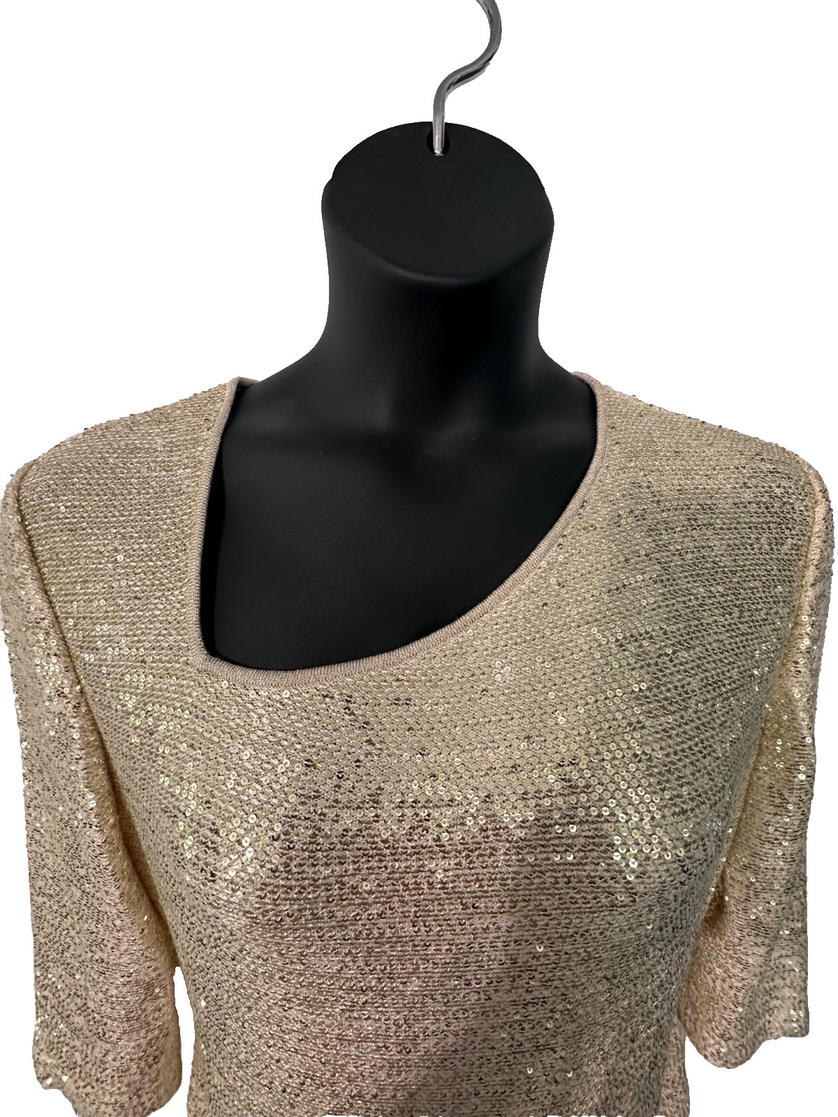 NWT St. John Gold Asymmetrical Neck Sequin Knit Cocktail Dress Size 14 MSRP $950