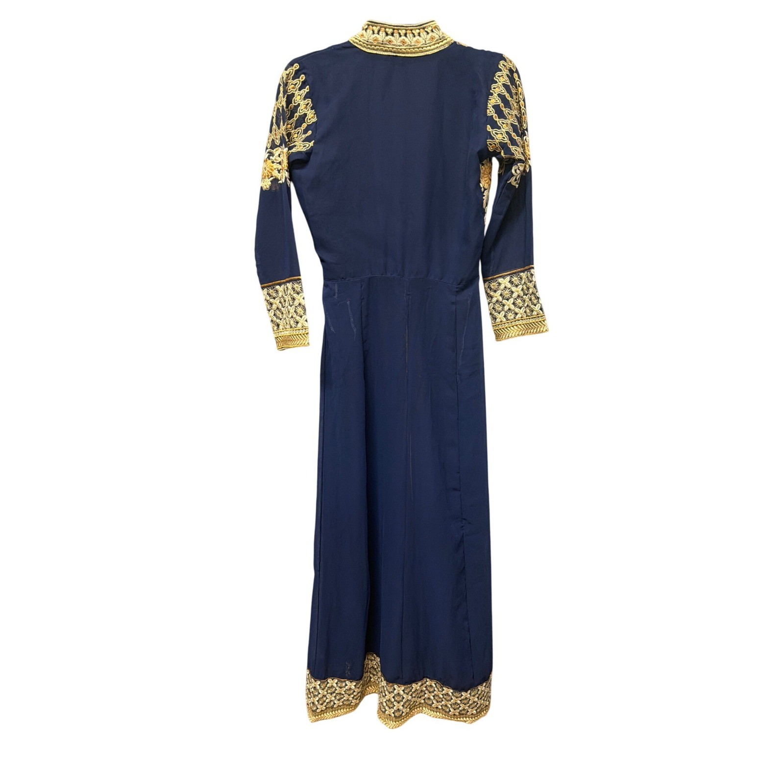 Navy Blue Gold Floral Embroidered Maxi Gown Mandarin Collar Side Zip Long Sleeve