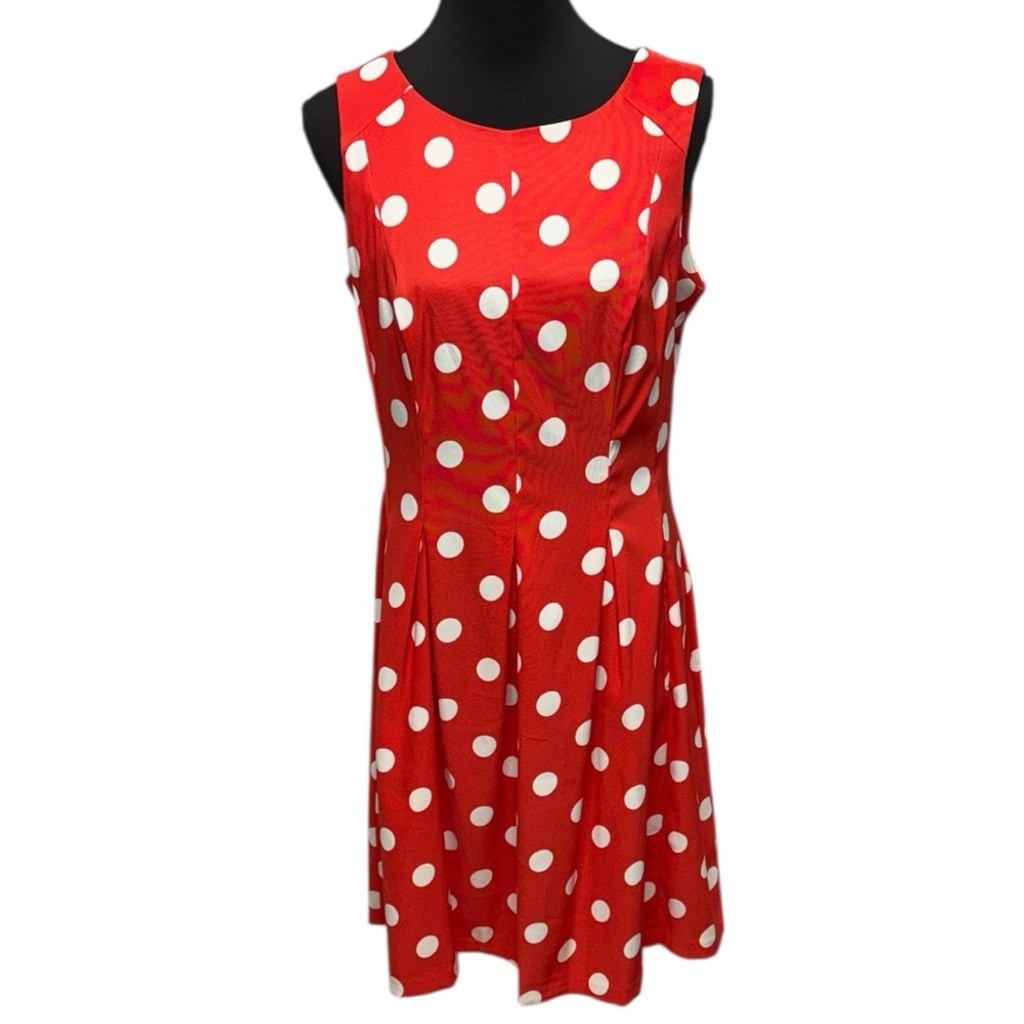 DressBarn Women’s 10 Red Orange White Polka Dot Sleeveless Fit Flare Dress