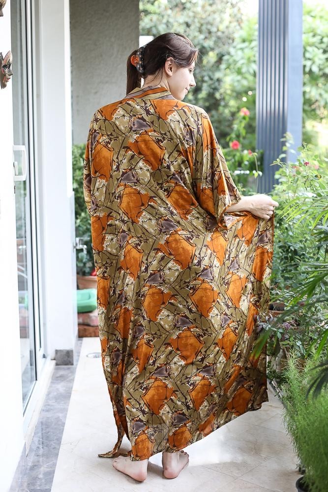 Silk Green Kaftan / Handmade Flowy Maxi Dress / Resort Wear Outfit PS MFN1024