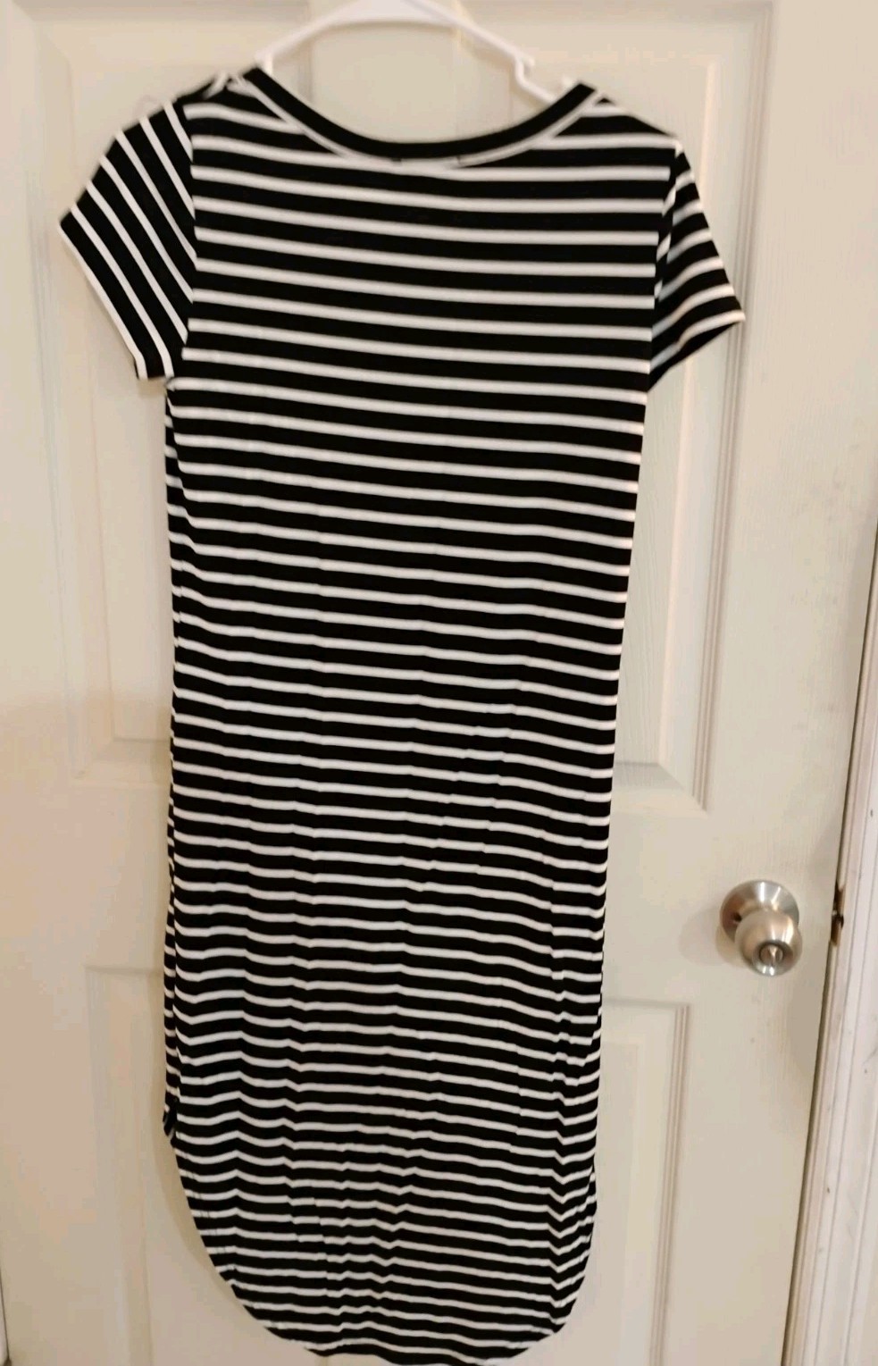 SHE + SKY Black White Striped T-Shirt Dress Size S Short Sleeve Maxi Knit Casual