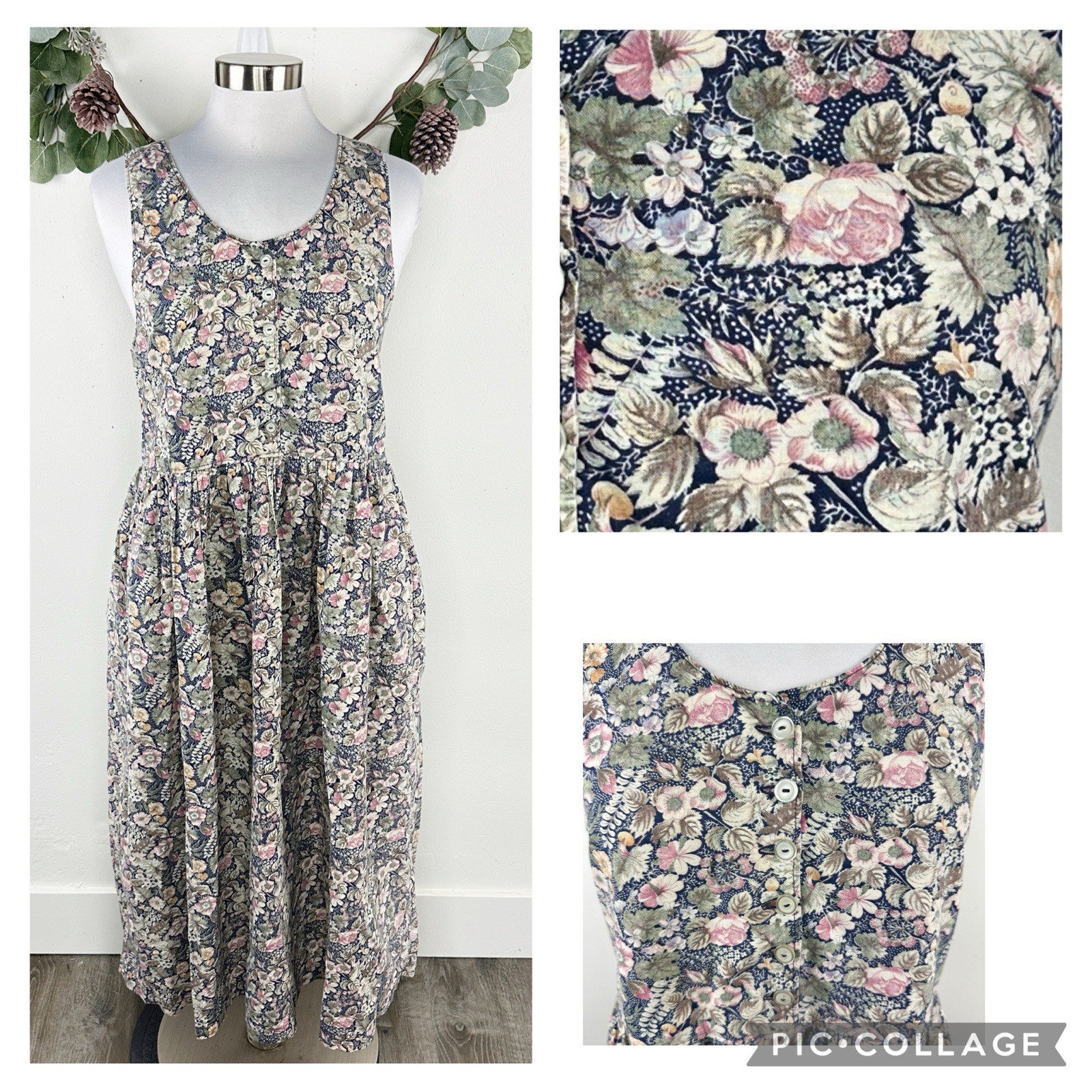 Vintage Handmade Pinafore Dress S M Cotton Floral Modest Prairie Cottage 80s 90s