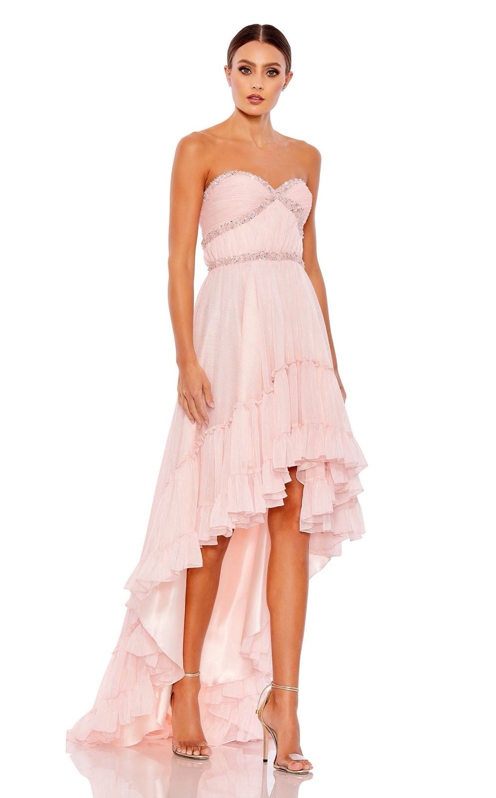 Mac Duggal Strapless Beaded Ruffle High Low Prom Gown in Ice Pink Sz 6 Princess