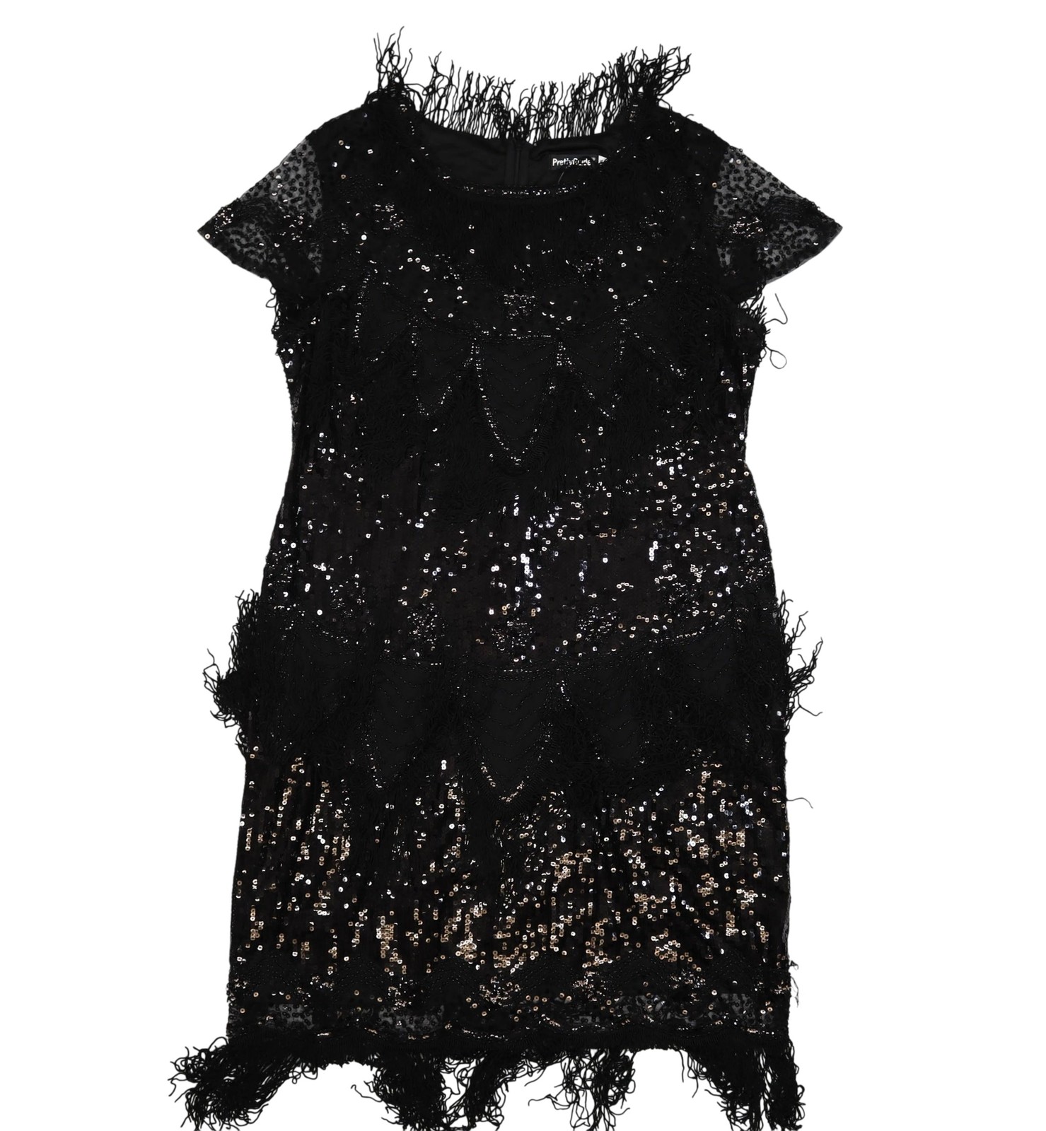 PrettyGuide Dress Womens 16 Black Sequin Fringe Mesh Short Sleeve Shift Party