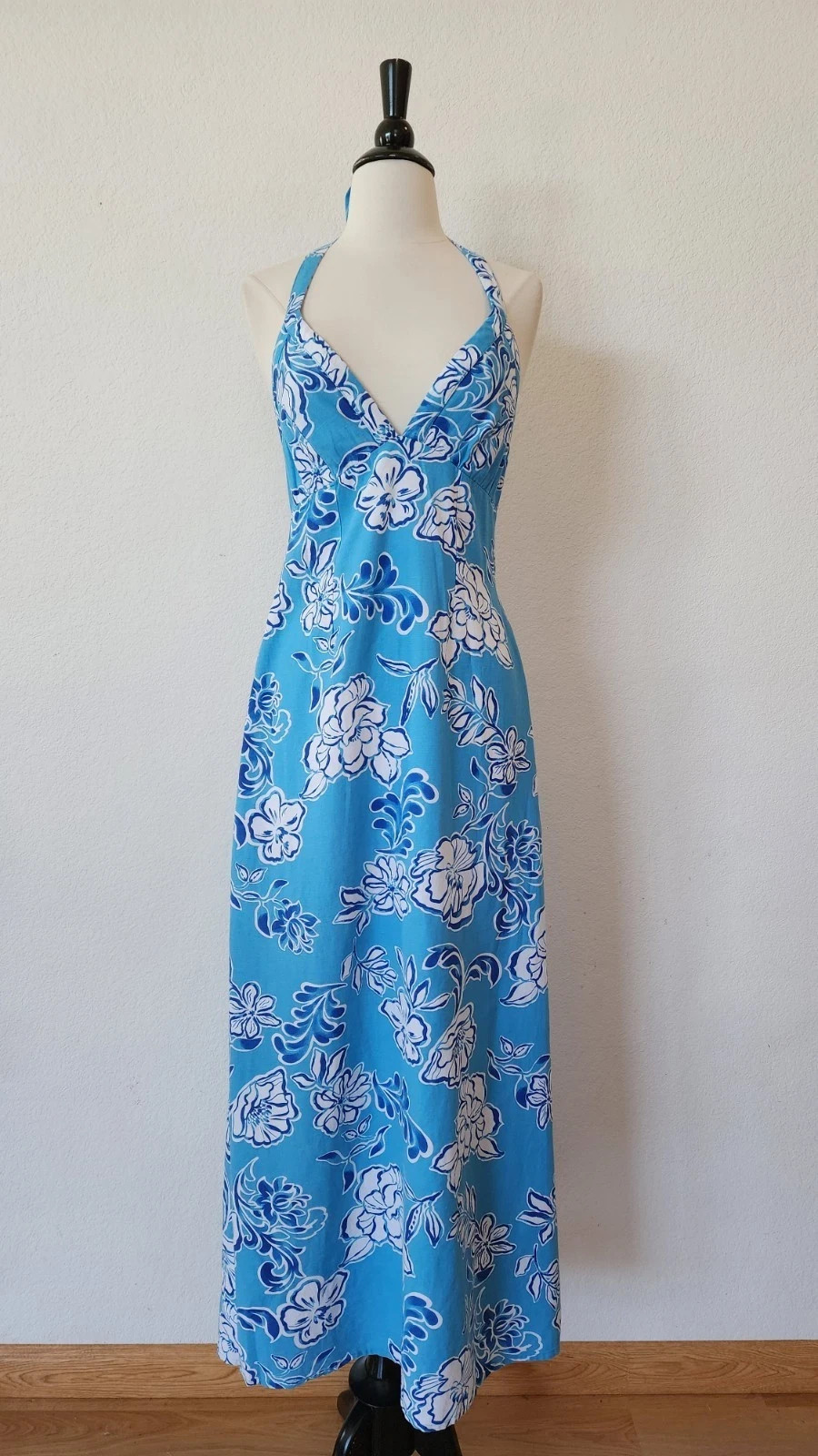 New Anthro Maxi Dress Size Medium Linen Blend Blue Halter Europe Vacay Beach Bow