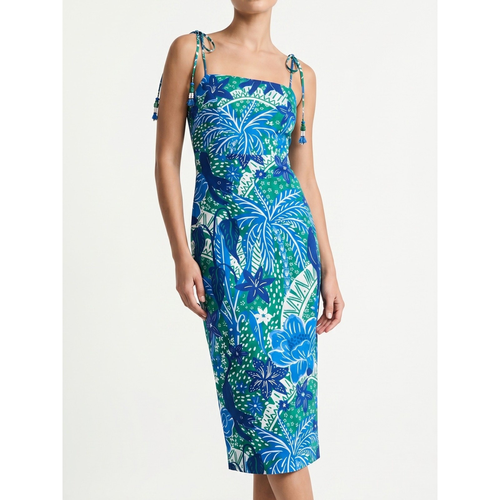 Rachel Zoe Blue & Green Tropical Print Tie-Shoulder Midi Dress NWT – XS