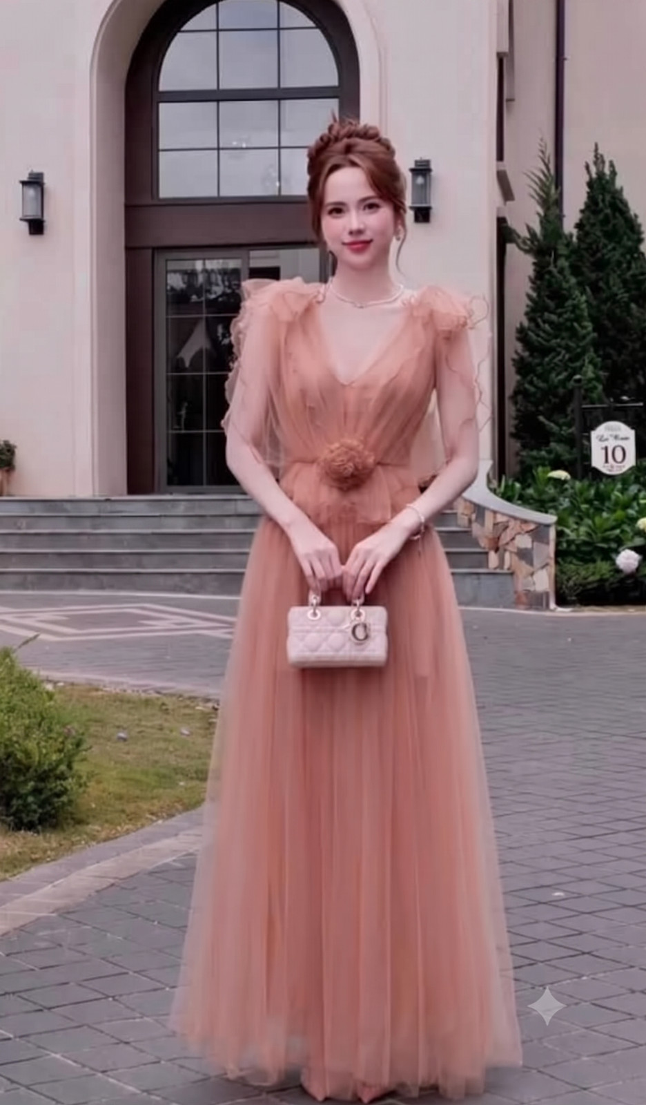 Elegant Tulle Prom Evening Dress Flower Waist V-Neck Ruffle Maxi Gown Wedding