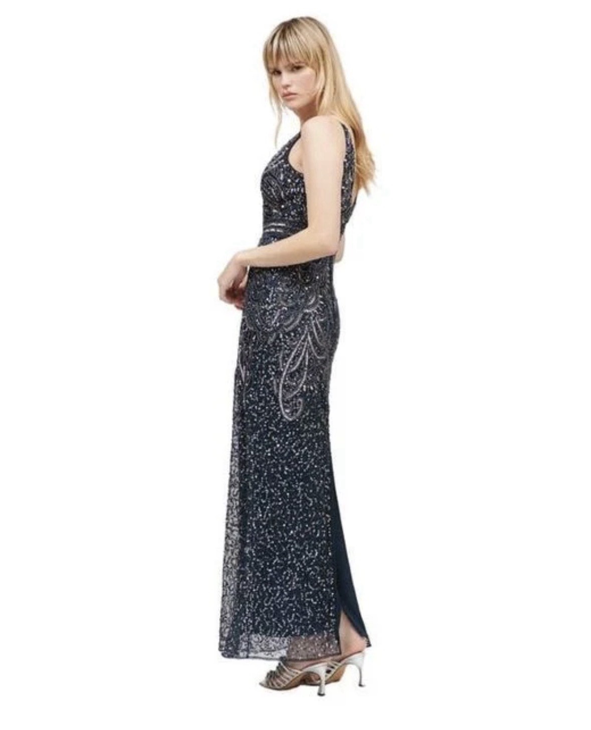 BEAUUT Navy Silver Beaded Sequin Art Deco Sheath Dress NWT V-Neck Long Size 8