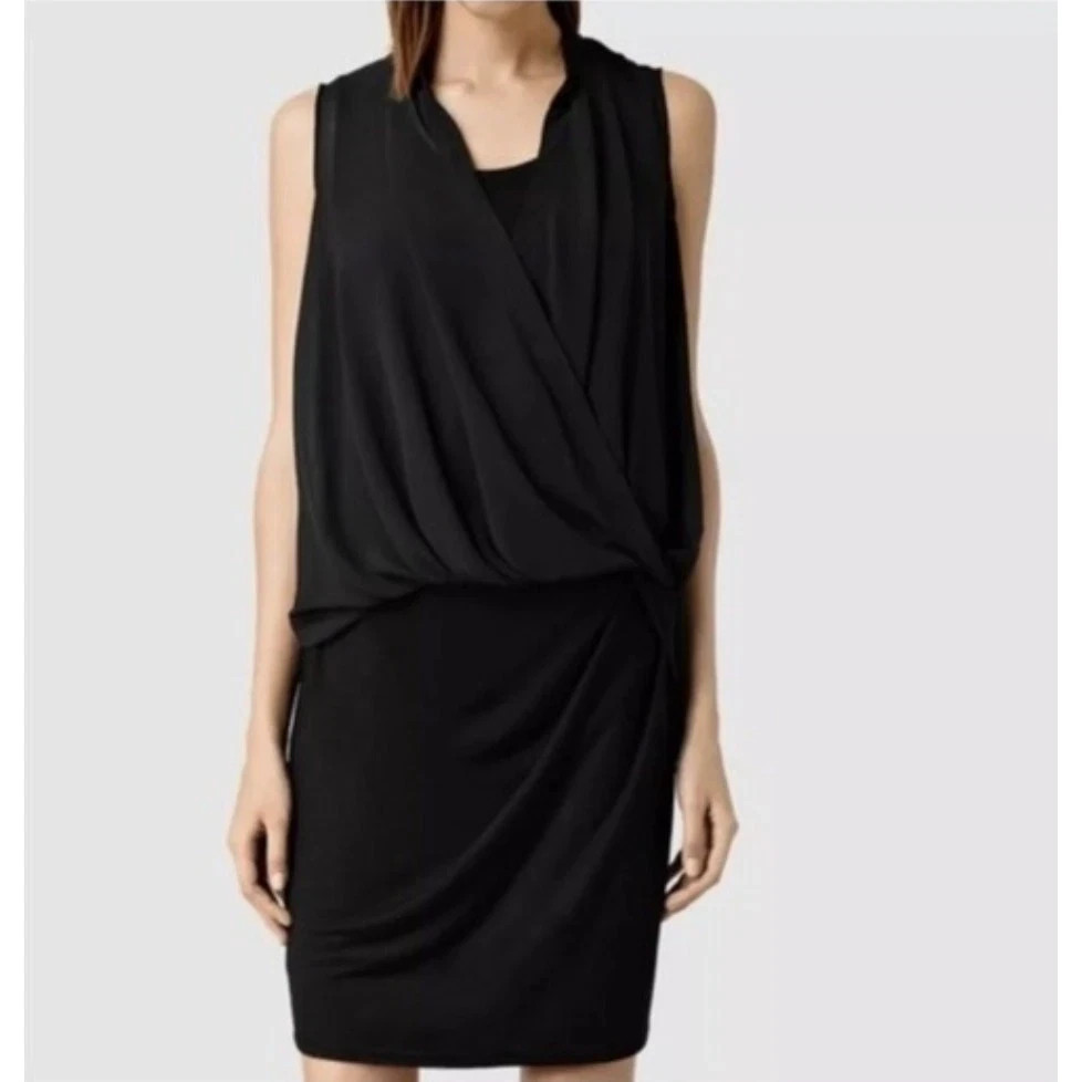 All Saints Black Siri Sleeveless Mini Dress Sheath Blouson Cocktail Grunge Sz 4