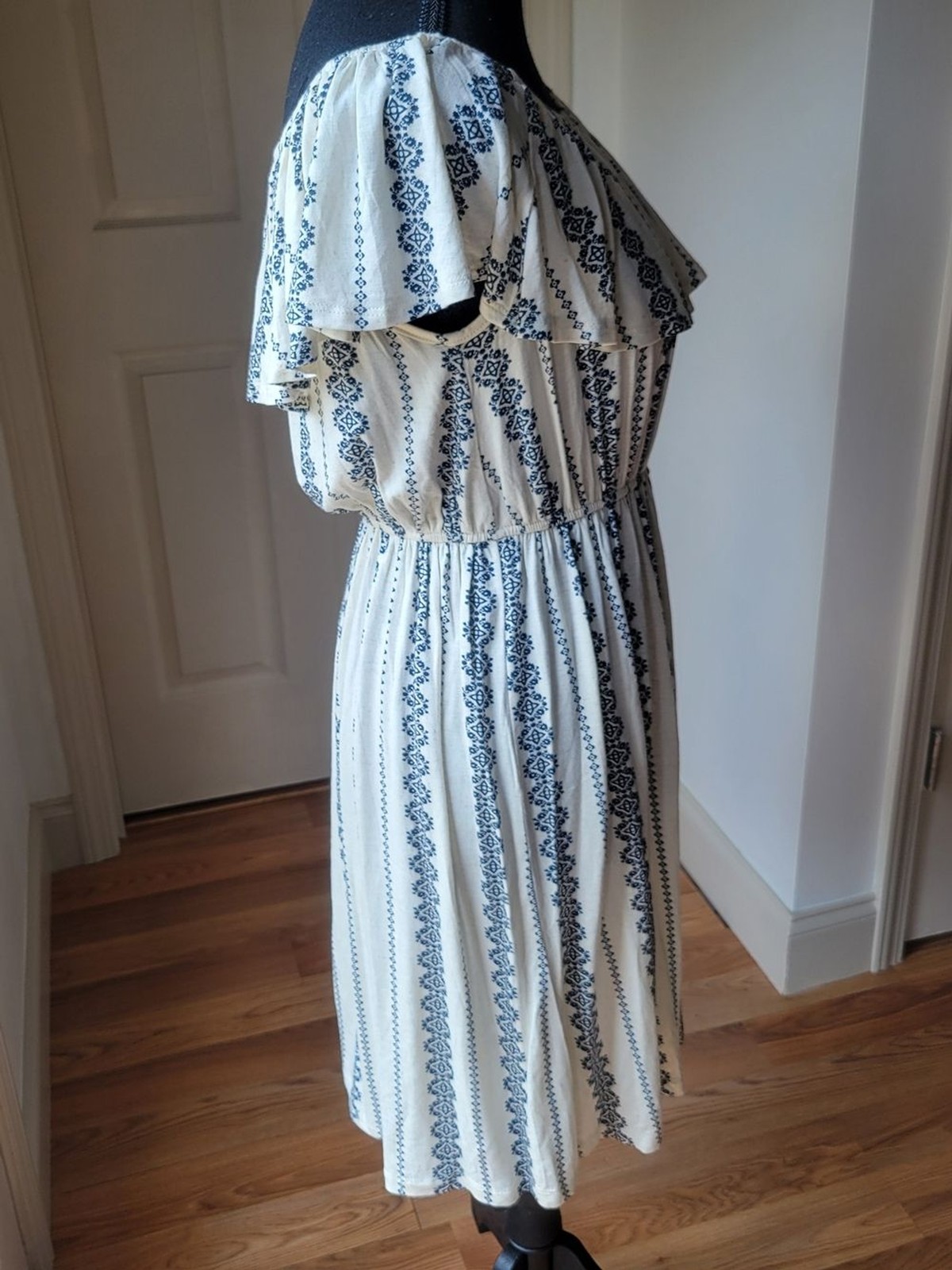 Hem & Thread Off the Shoulder Patterned Midi Dress Cream Blue Boho Size S