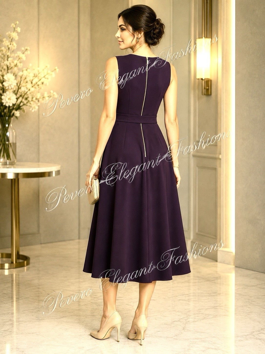 CALVIN KLEIN S/LESS FIT&FLAIR BELTED MIDI DRESS, AUBERGINE SIZE 14 NWT