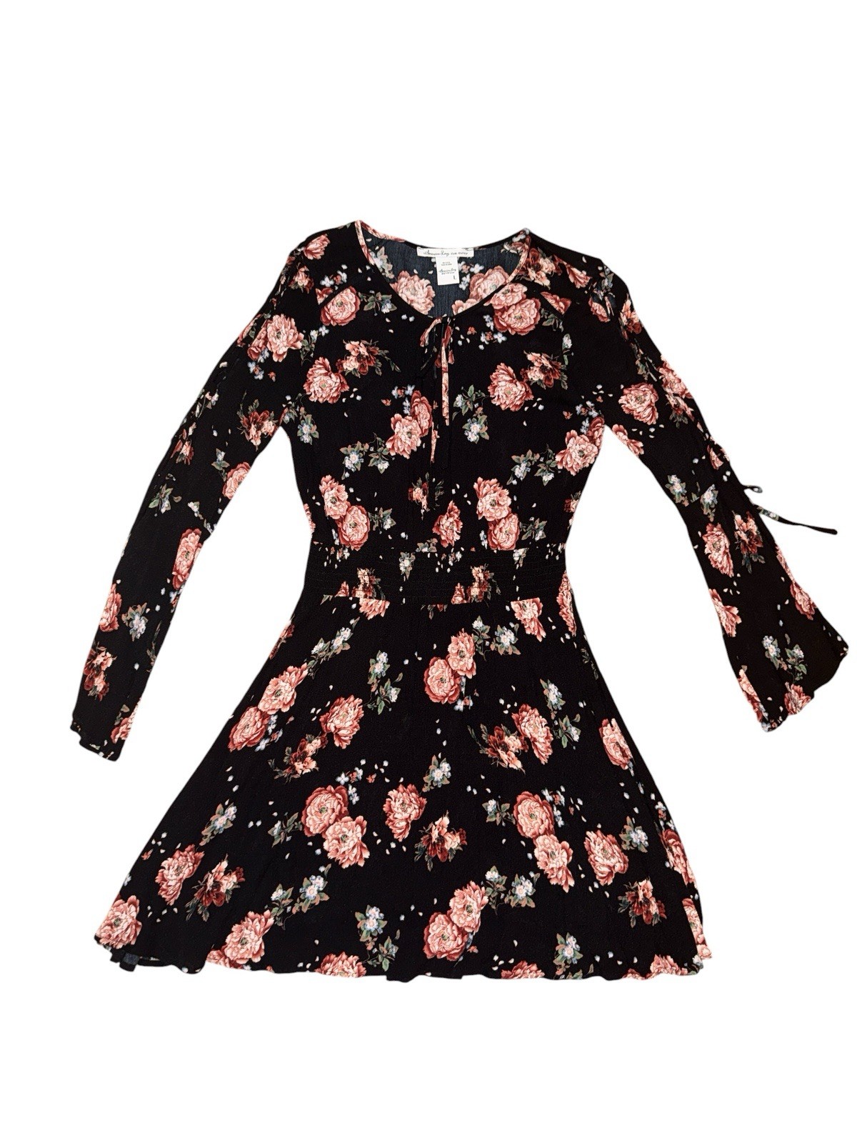 American Rag Cie Black/Pink Floral Fit & Flare V-Neck Tie Short Dress L