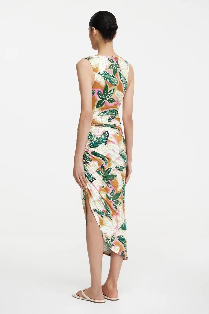Significant Other Freda Palm Print Midi Dress Cowl Neck Ruched Bodice Sz 10