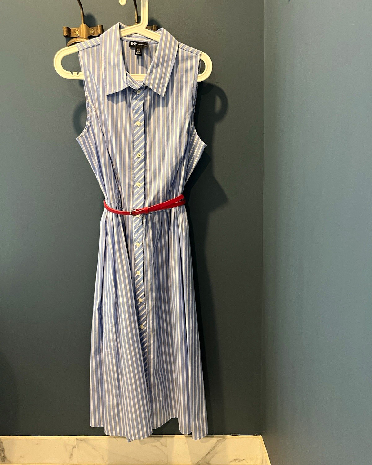 JNY Jones New York Size 14 Blue/White Striped Midi Shirt Dress Red Belt