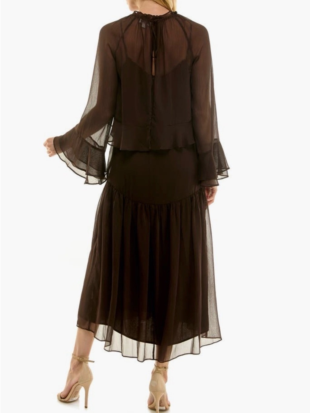 Socialite NWT Brown Chiffon Midi Dress & Sheer Bell Sleeve Overlay Set Size Med