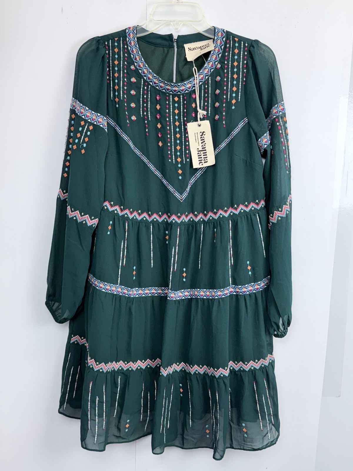 NEW Savannah Jane Women’s Sz S Tiered Dress Green Tribal Embroidered Long Sleeve