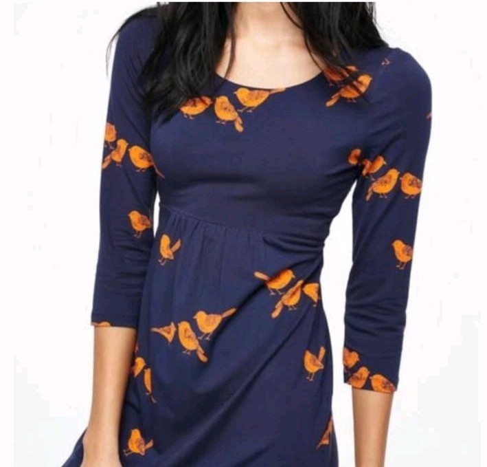 Boden Navy Dress Size 4 Long Orange Bird Print 3/4 Length Sleeves Nature