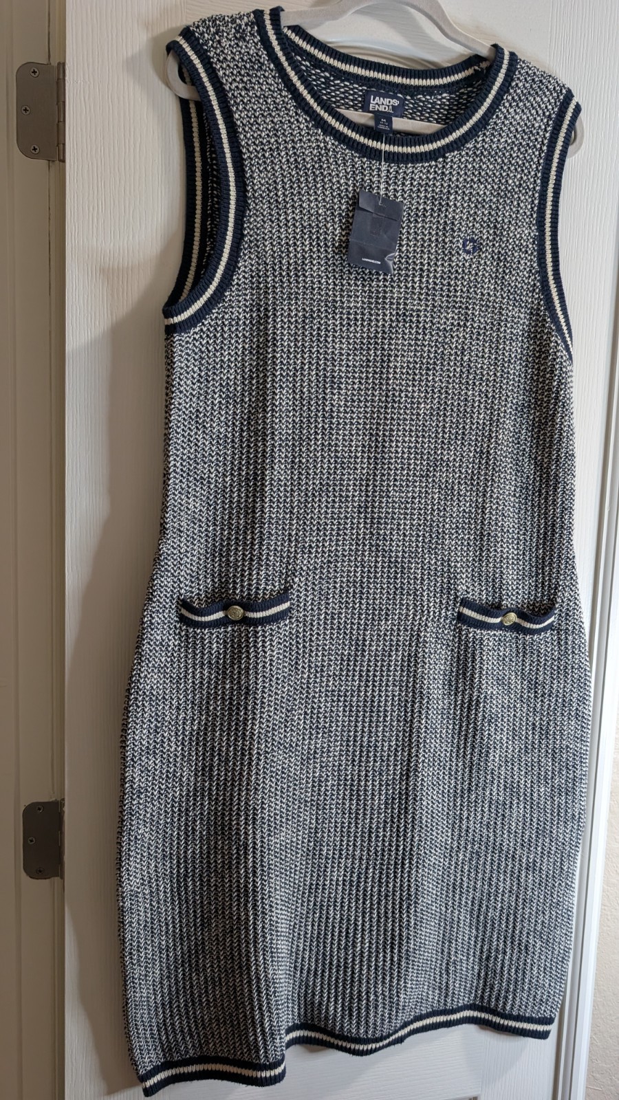 Lands’ End Woven Sweater Dress Medium Navy/White Sleeveless Midi Knit