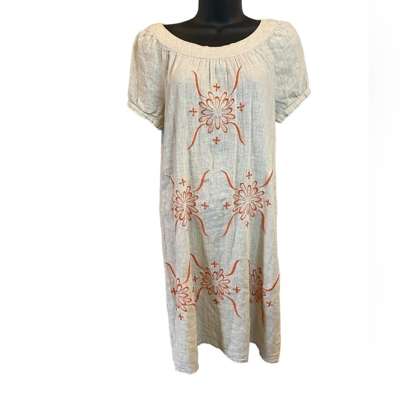 Sfera Women’s Embroidered Linen Blend Dress Beige Orange Floral Size 38 Medium