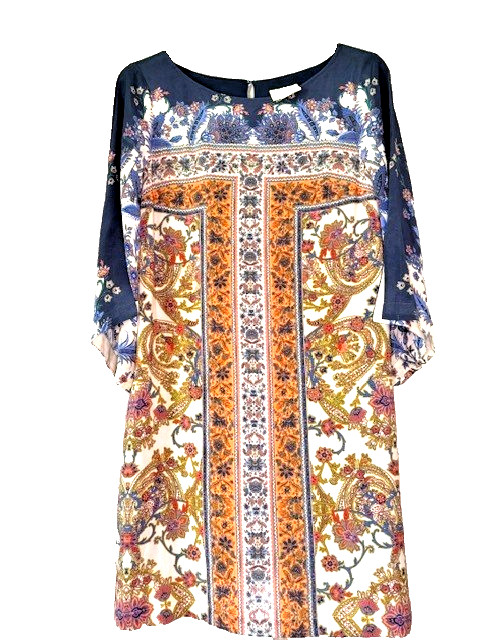 Anthropologie Maeve Knee Length Blue/Orange/Gold Shift Dress So Cute Size 6!