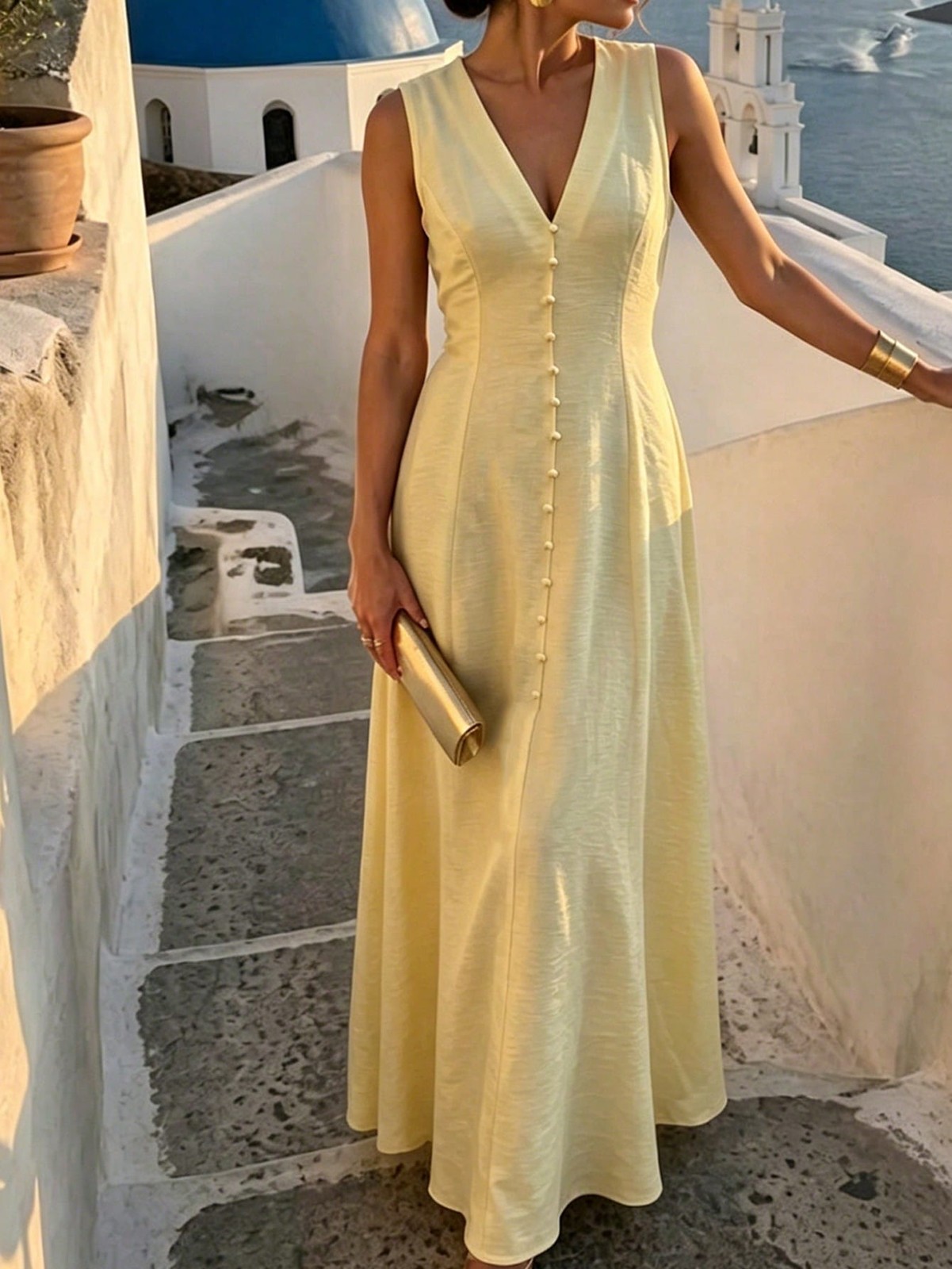 Elegant Ladies Pale Yellow V Neck Maxi Dress