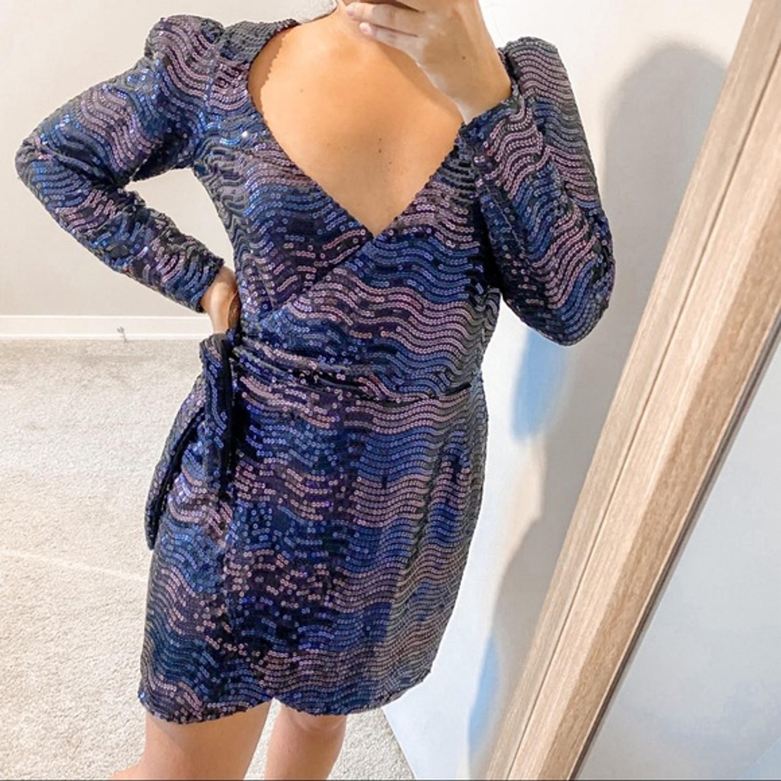 Reformation Dress Ivy Sequin Roxbury Long Sleeve Purple Blue Wrap Cocktail NWT