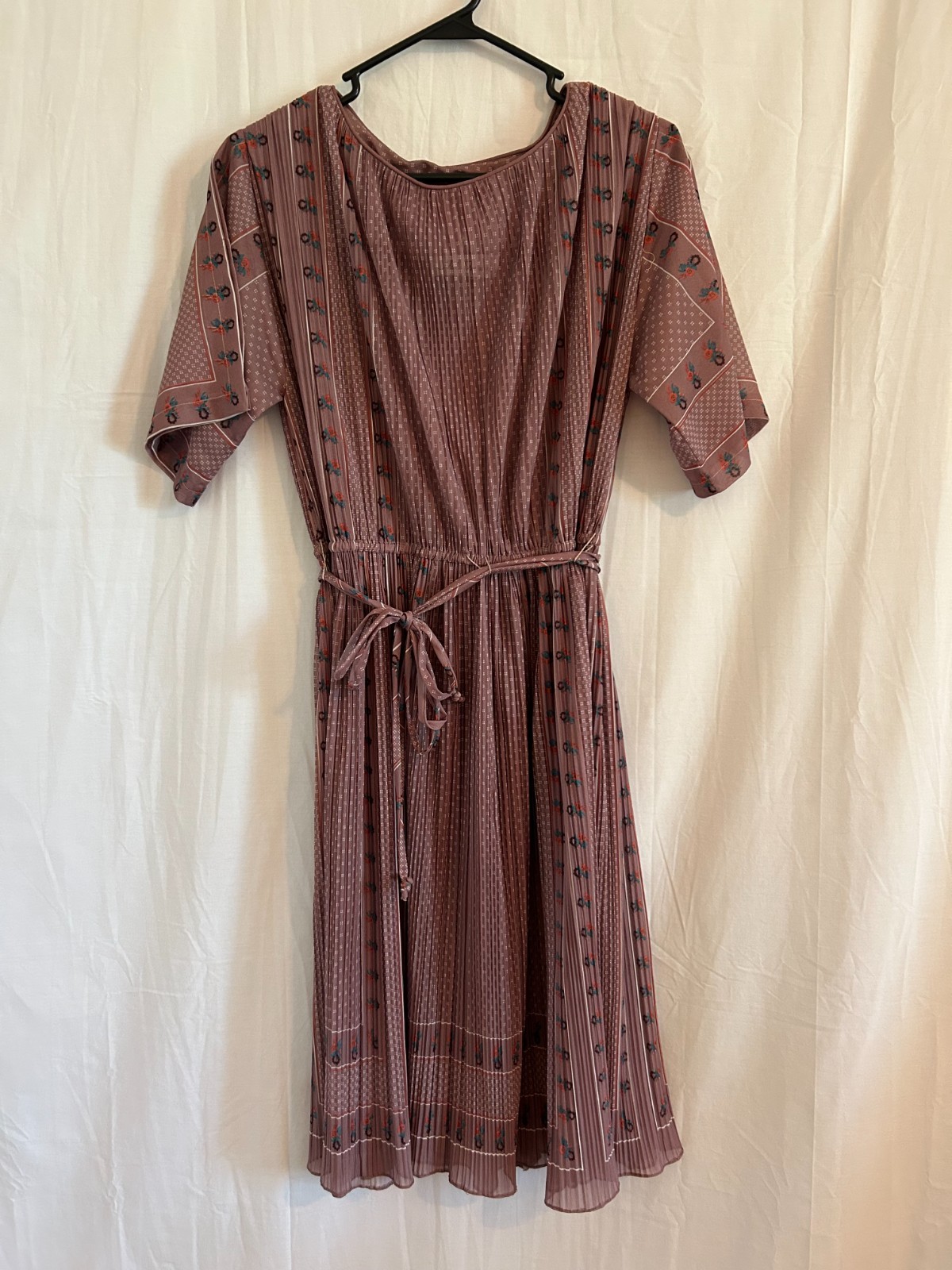 Vintage Hal Ferman Sheer Dress Womens 39 Inches long Brown Printed Waistband Tie
