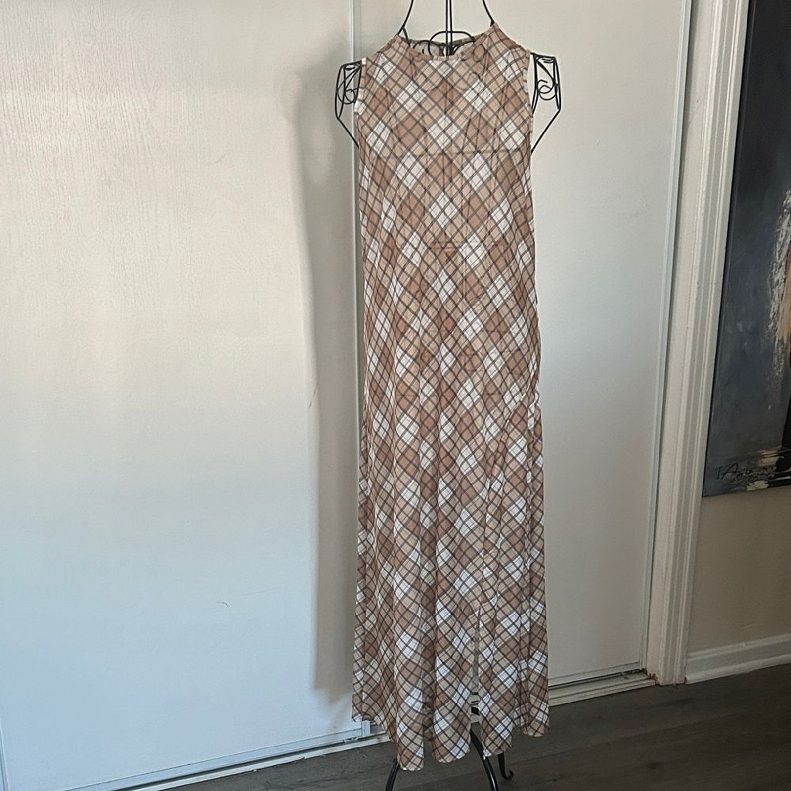 Dazy Elegant Sheer Plaid Maxi Dress in Brown and Cream Size L