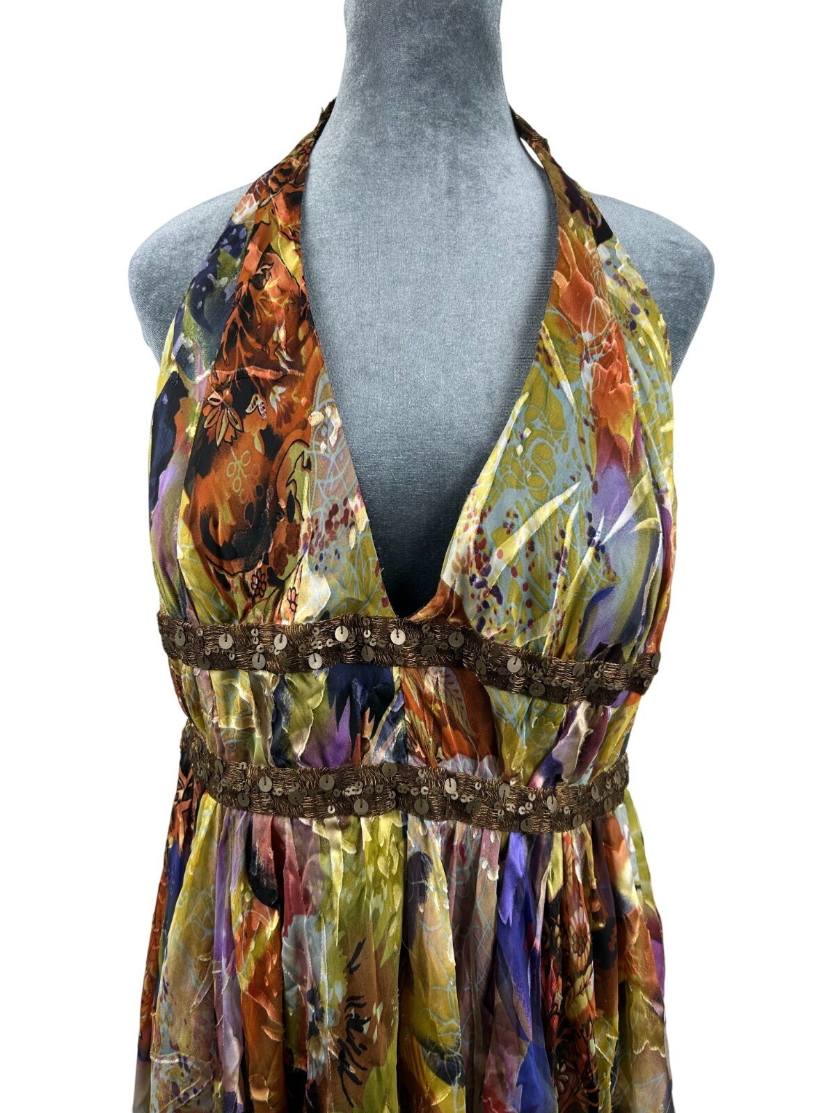 Vintage Cassandra Stone Size12 Inspired Halter Dress Midi Multicolor Silk Blend