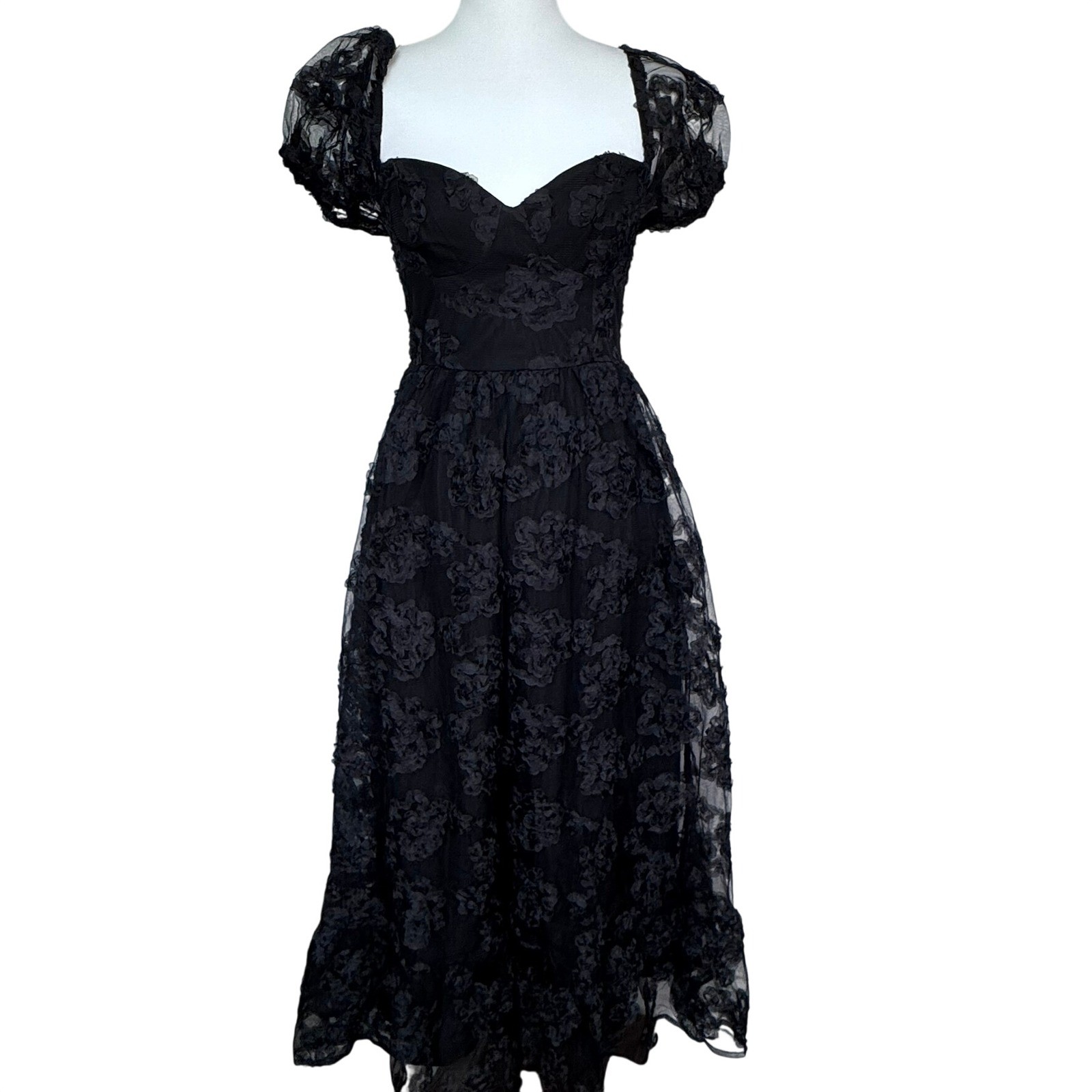 LULUS NWT Small Notable Elegance Black Mesh Floral Applique Bustier Midi Dress