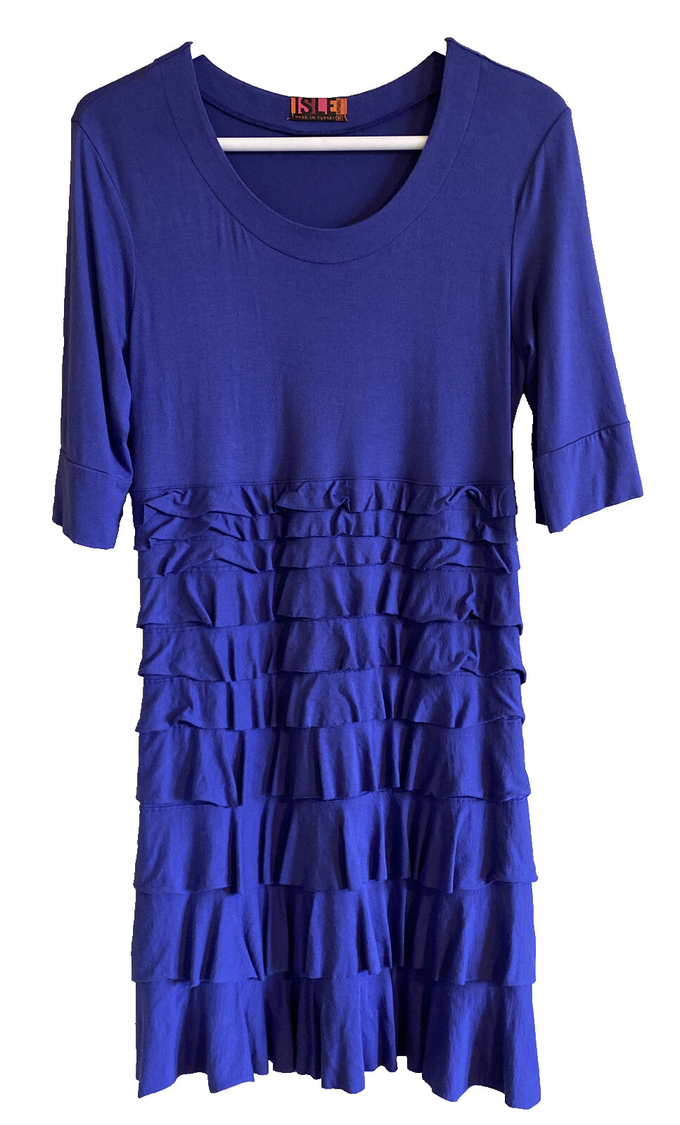 ISLE APPAREL Dress Womens M Blue Tiered Ruffle Layers Stretchy 3/4 Sleeve Turkey