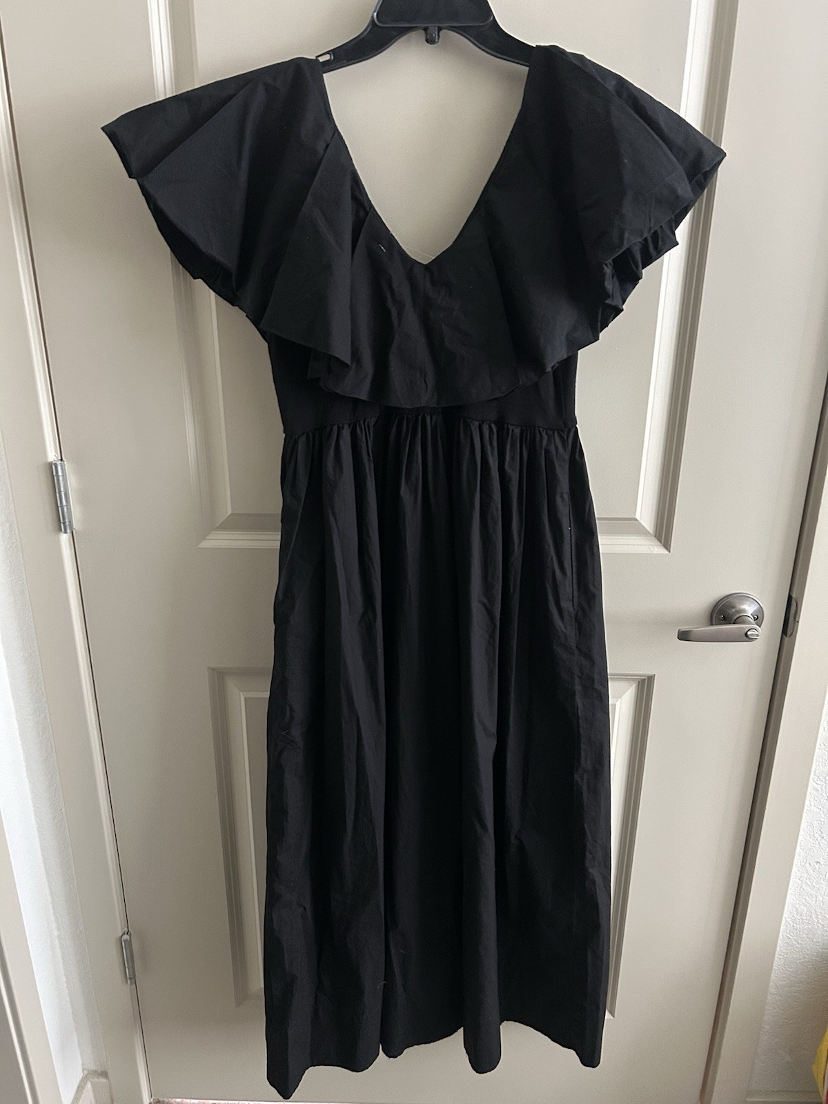NEW! ANN TAYLOR BLACK Size 4 RUFFLE COLLAR MAXI DRESS COTTON STRETCH FLUTTER