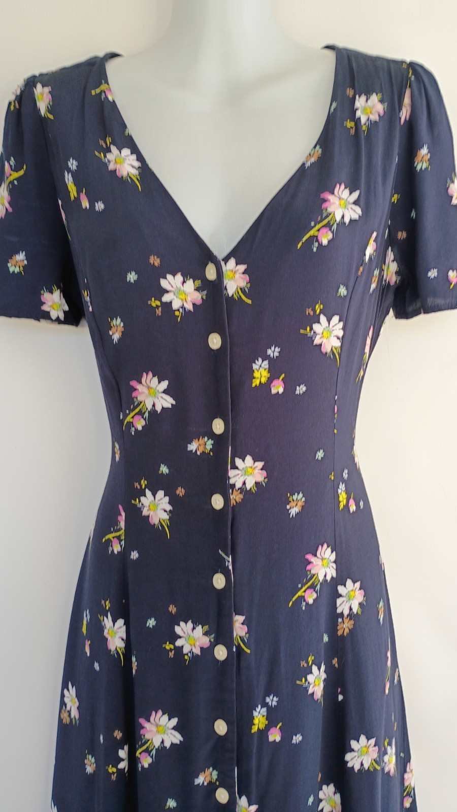 Vintage 90s GAP Button Front Navy Blue Floral Daisy Midi Dress Whimsigoth XS 2