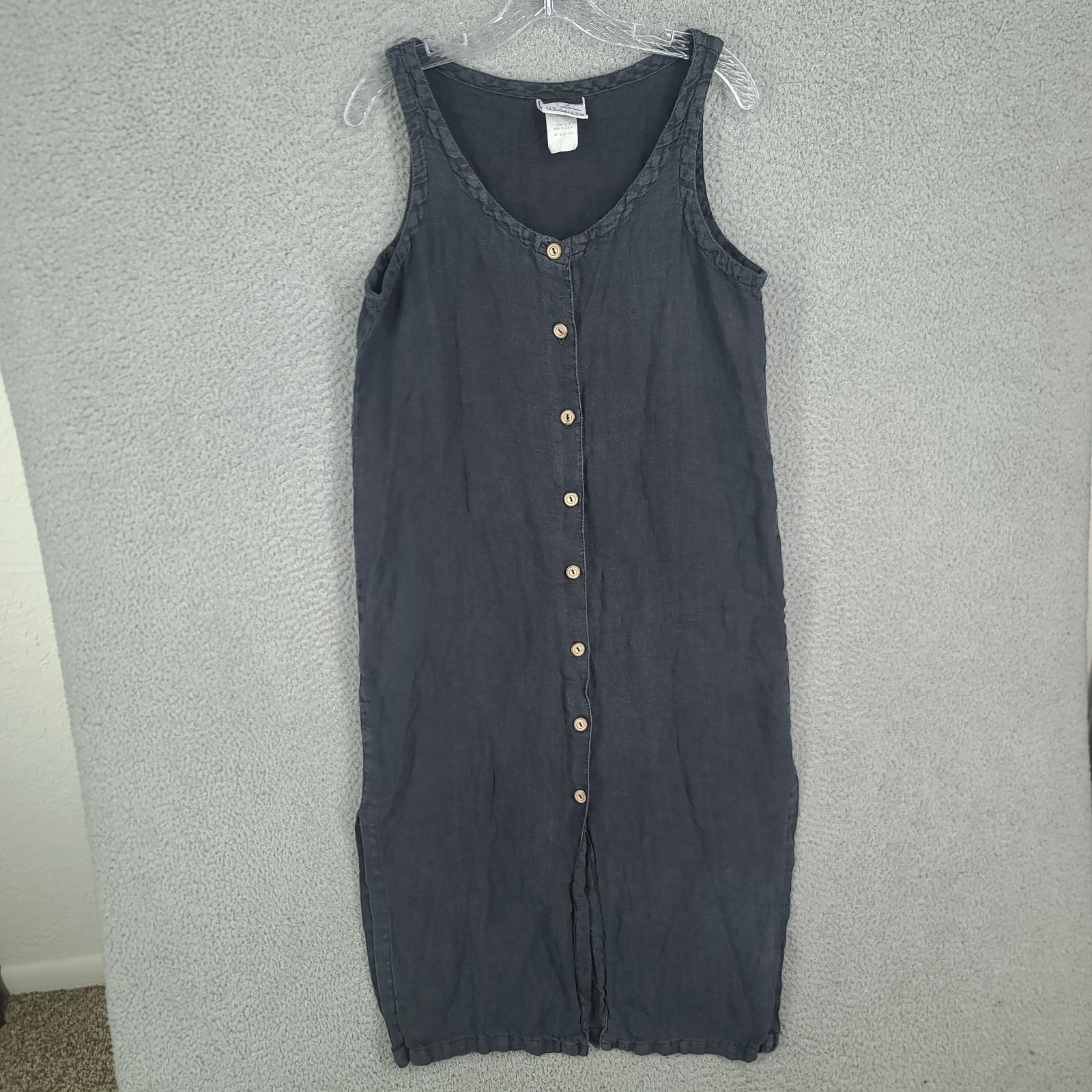 Vtg Granite Dress Womens 13 Large 55% Linen Black Button Up Sleevless Maxi Long