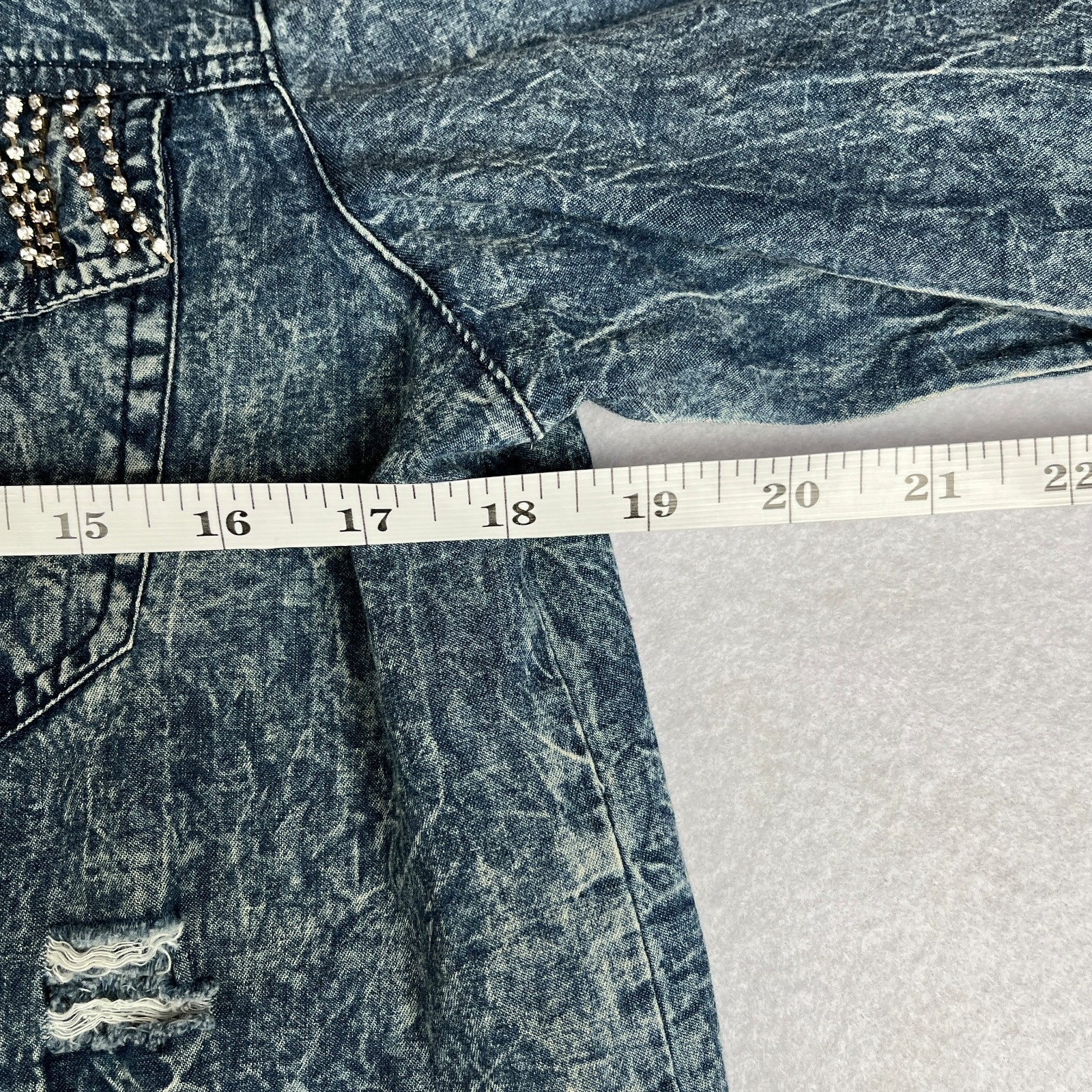 THRILL Distressed Denim Shirt Dress Women’s M Acid Wash Rhinestone Y2K Grunge