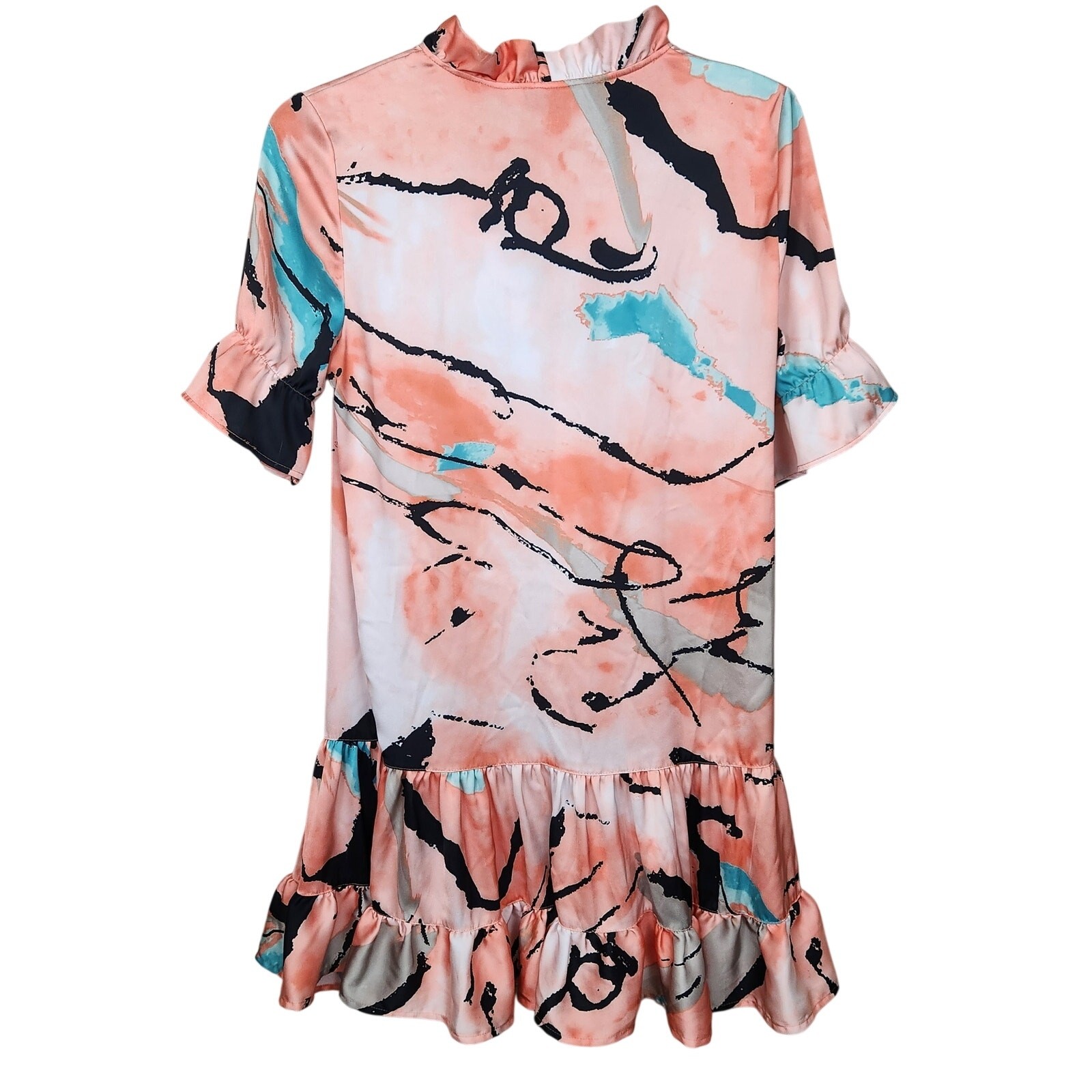 Ming Wang Abstract Print Watercolor Brushstroke Mock Neck Ruffle Dress SZ XS