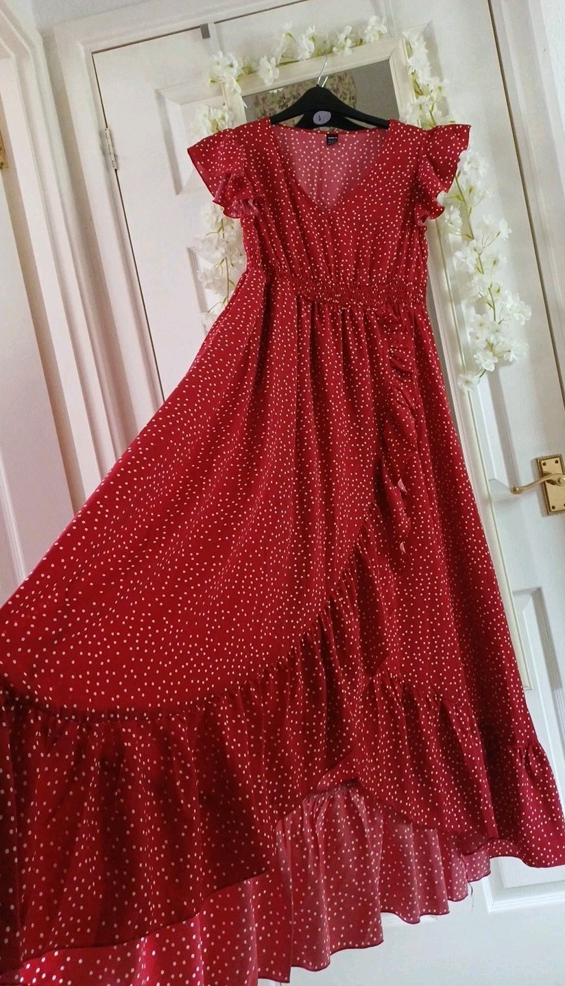 Red white Polka Dot Waterfall floaty Shirred Maxi summer Dress 👗 S M 10 12