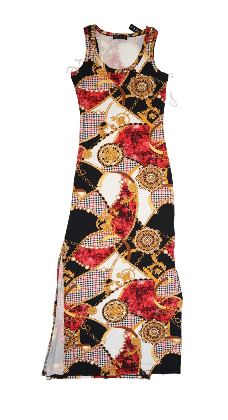 Absolutely Love It Dress Womens Medium Black Red Baroque Chain Print Maxi