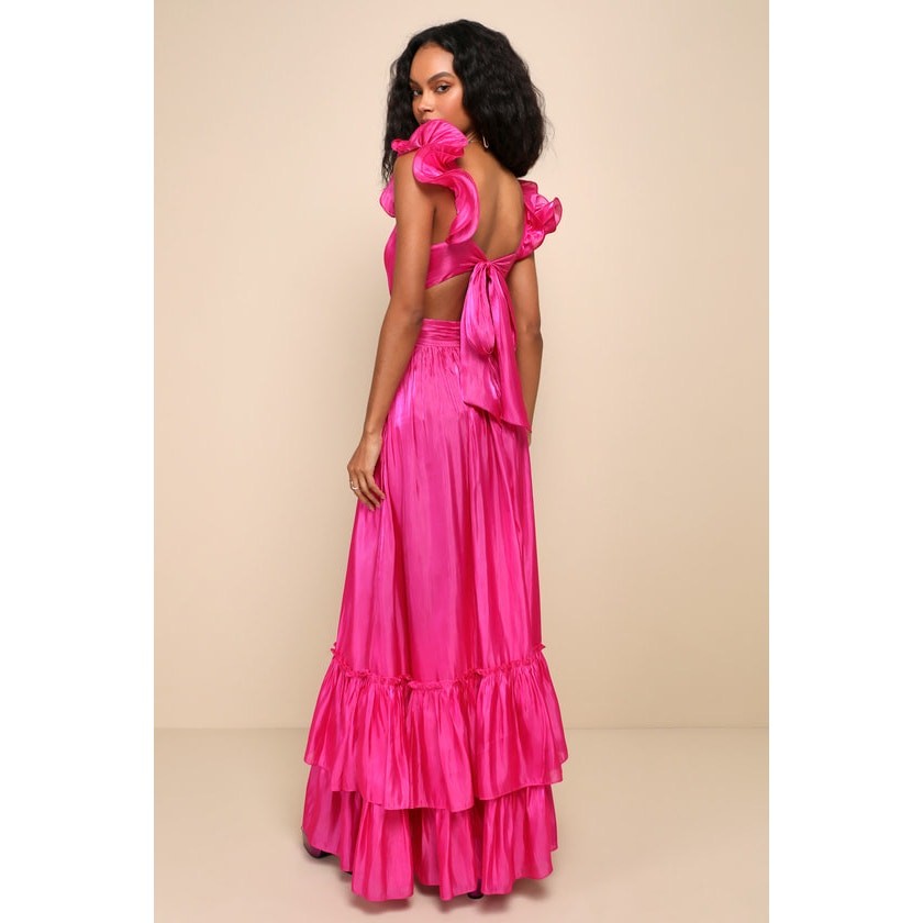 NWT Lulus Pristine Glow Magenta Pink Ruffled Tie-Back Maxi Dress Gala Banquet M