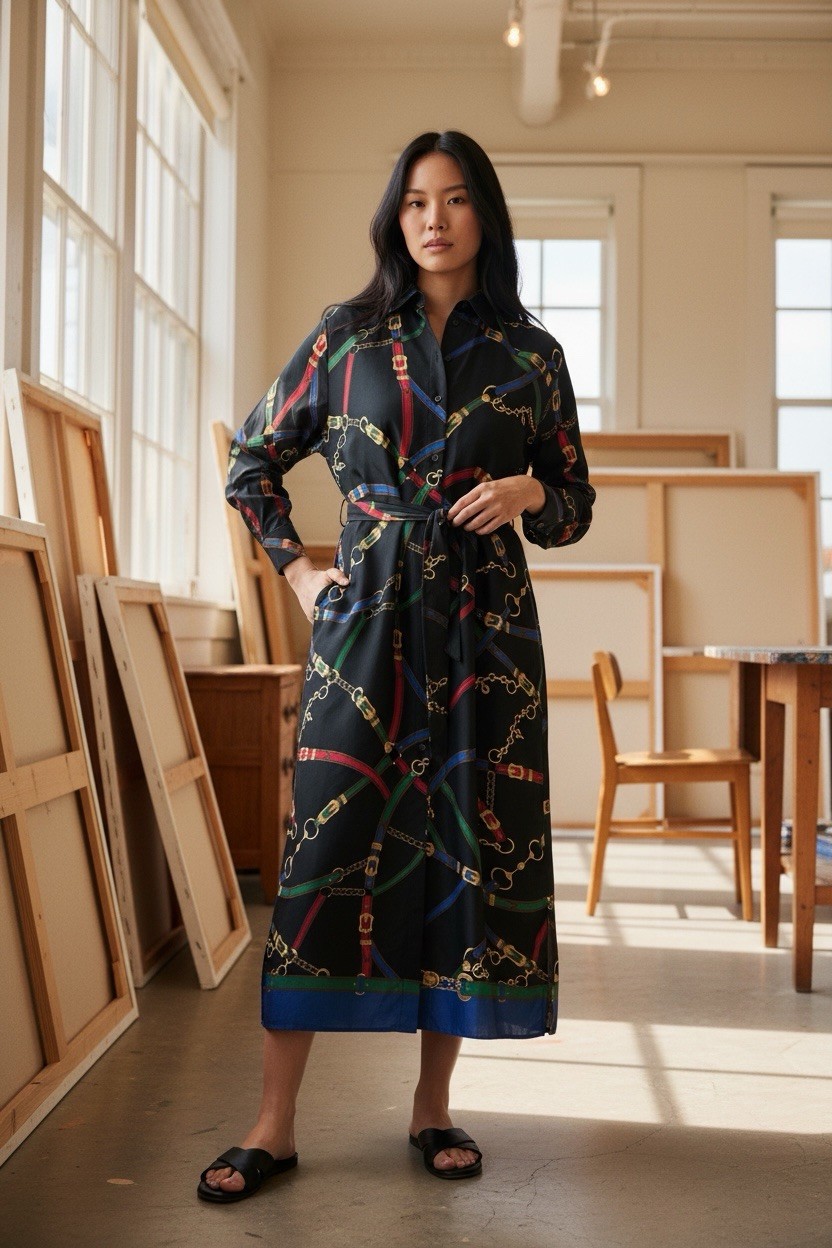 Lauren Ralph Lauren Midi Shirt Dress sz 16 Belting Print Equestrian Classic GUC