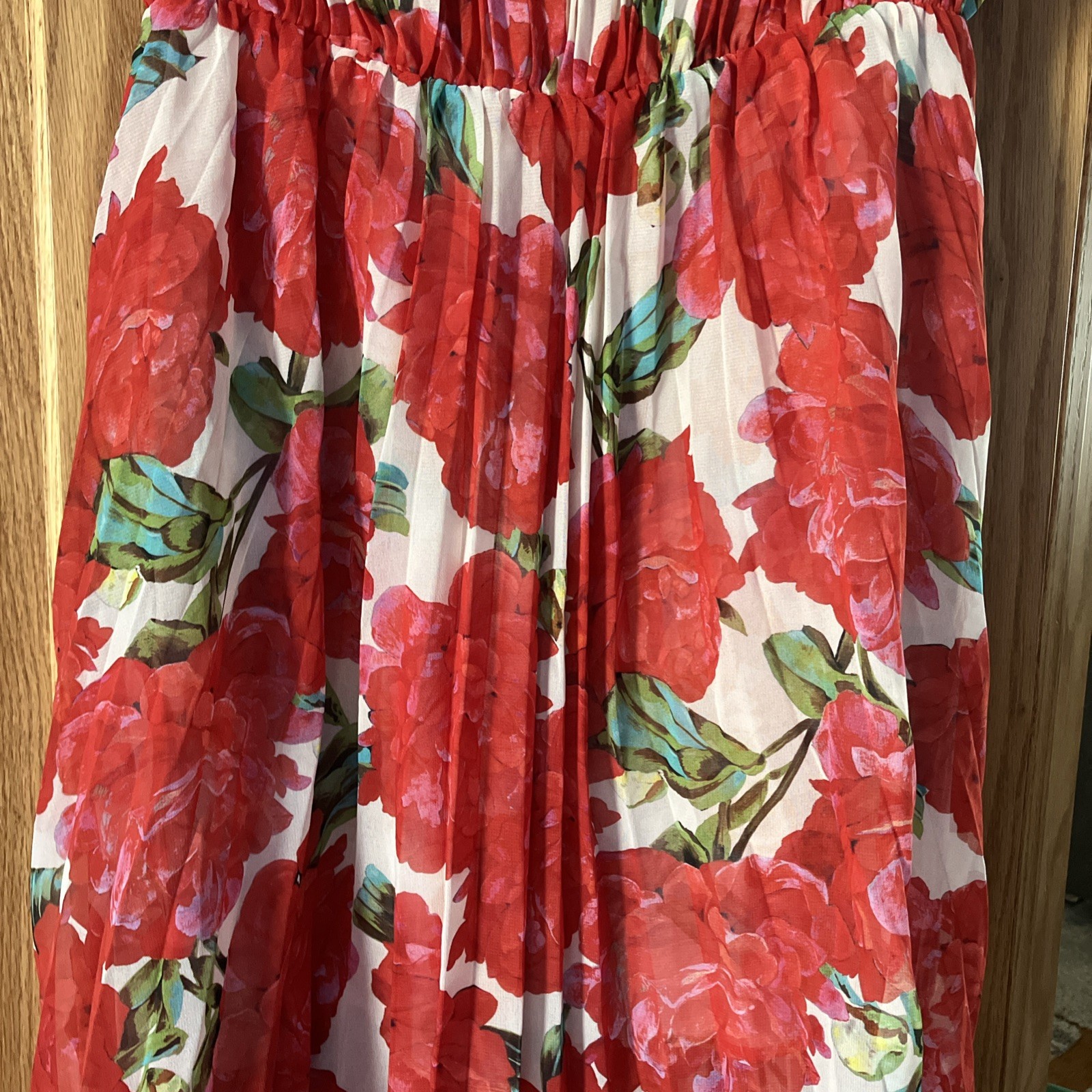 NWT The Kooples Red Floral Roses Pleated Midi Dress Handkerchief Hem Sz 2 PRETTY