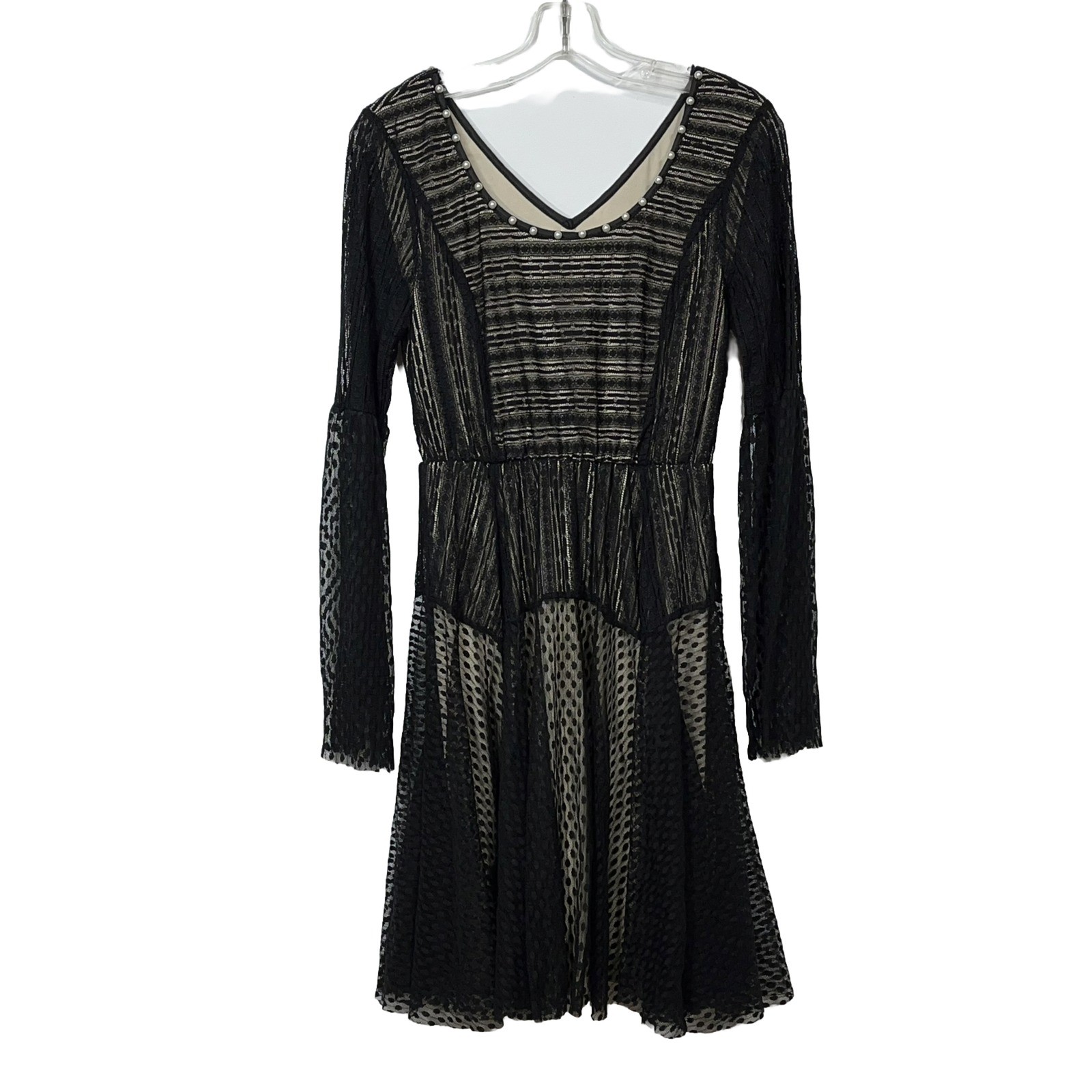 Ryu Black Lace Bell Sleeve V Neck Fit Flare Dress Pearls Size Small