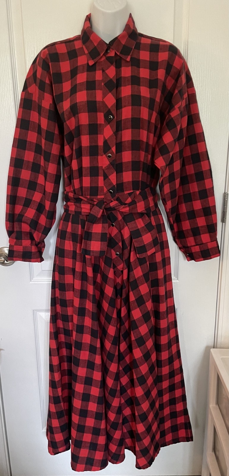 Vintage NORMAL KAMALI Tartan Black Red Flannel Dress SMALL