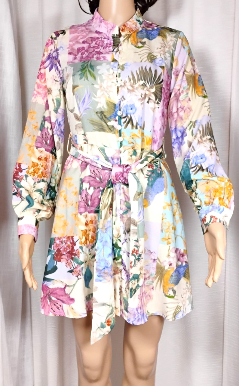 A Line Mini Shirt Dress Tie Waist Patchwork Floral Bird Boho Womens XS