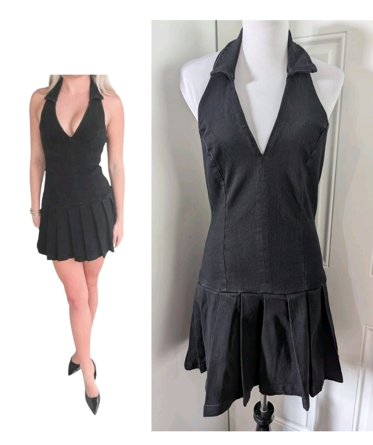 Love Fire Los Angeles Dress Size L NWT Black Denim Halter Mini Stretch Festival