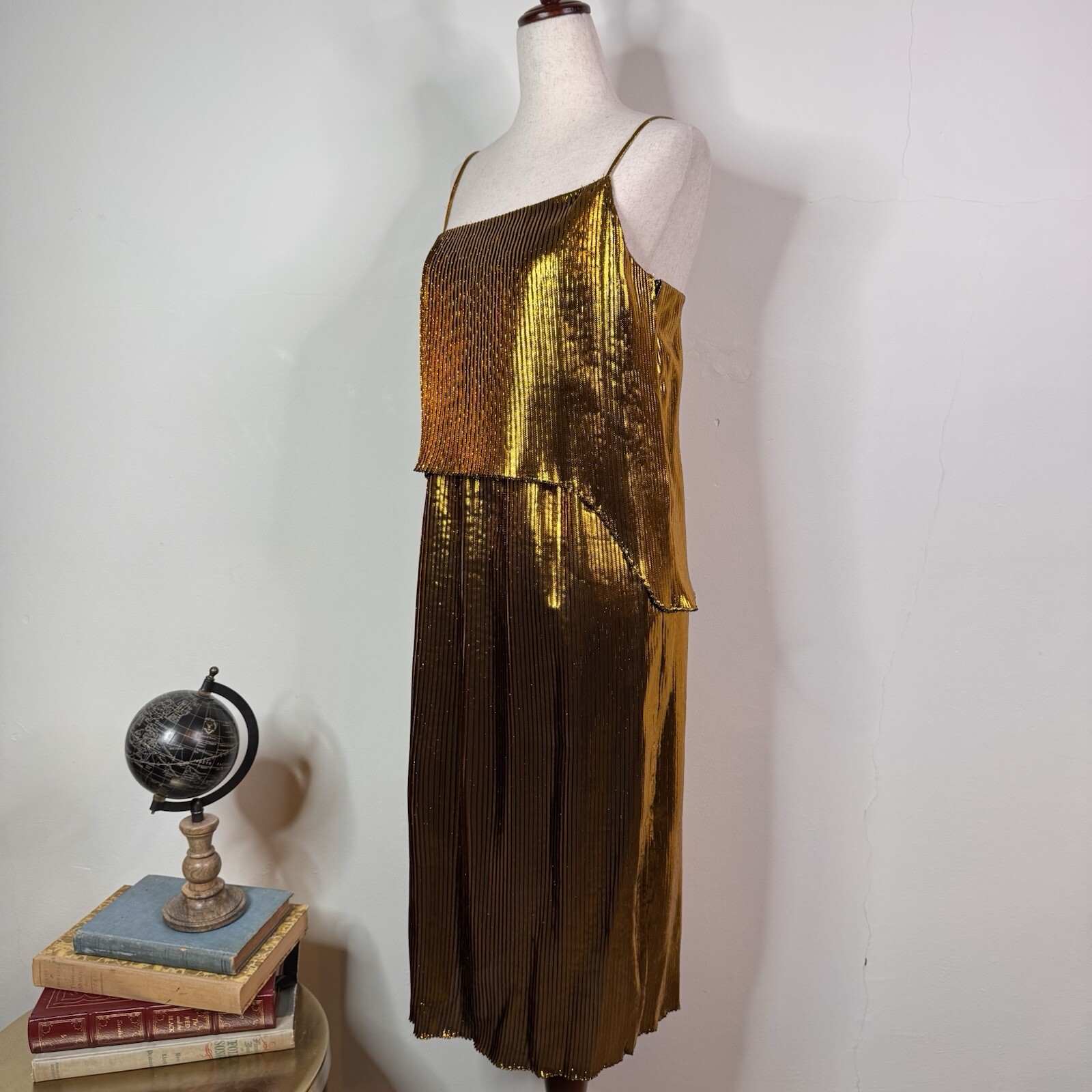 Cedric Charlier Gold Metallic Pleated Midi Dress NWT Size 40 US 6 SS 2018