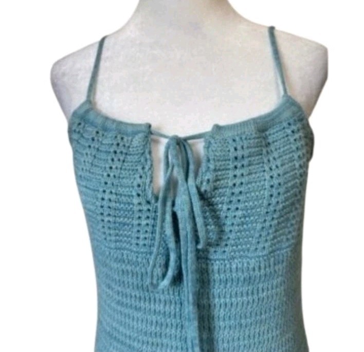 NWT! Olive & Oak Crochet Marled Turquoise Tie Front Knit Mini Dress
